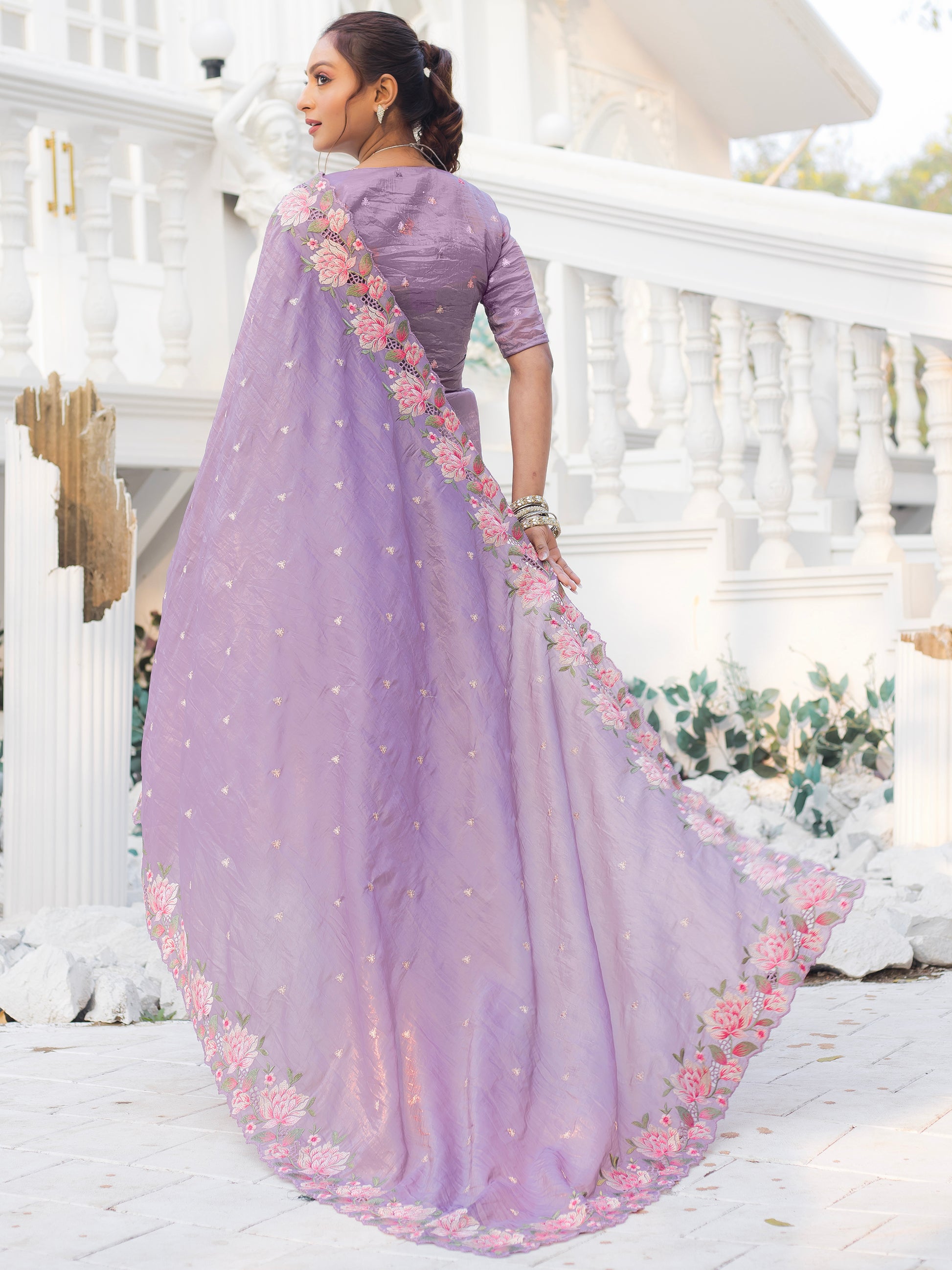Glamorous Lavender Embroidered Silk Festive Wear Saree