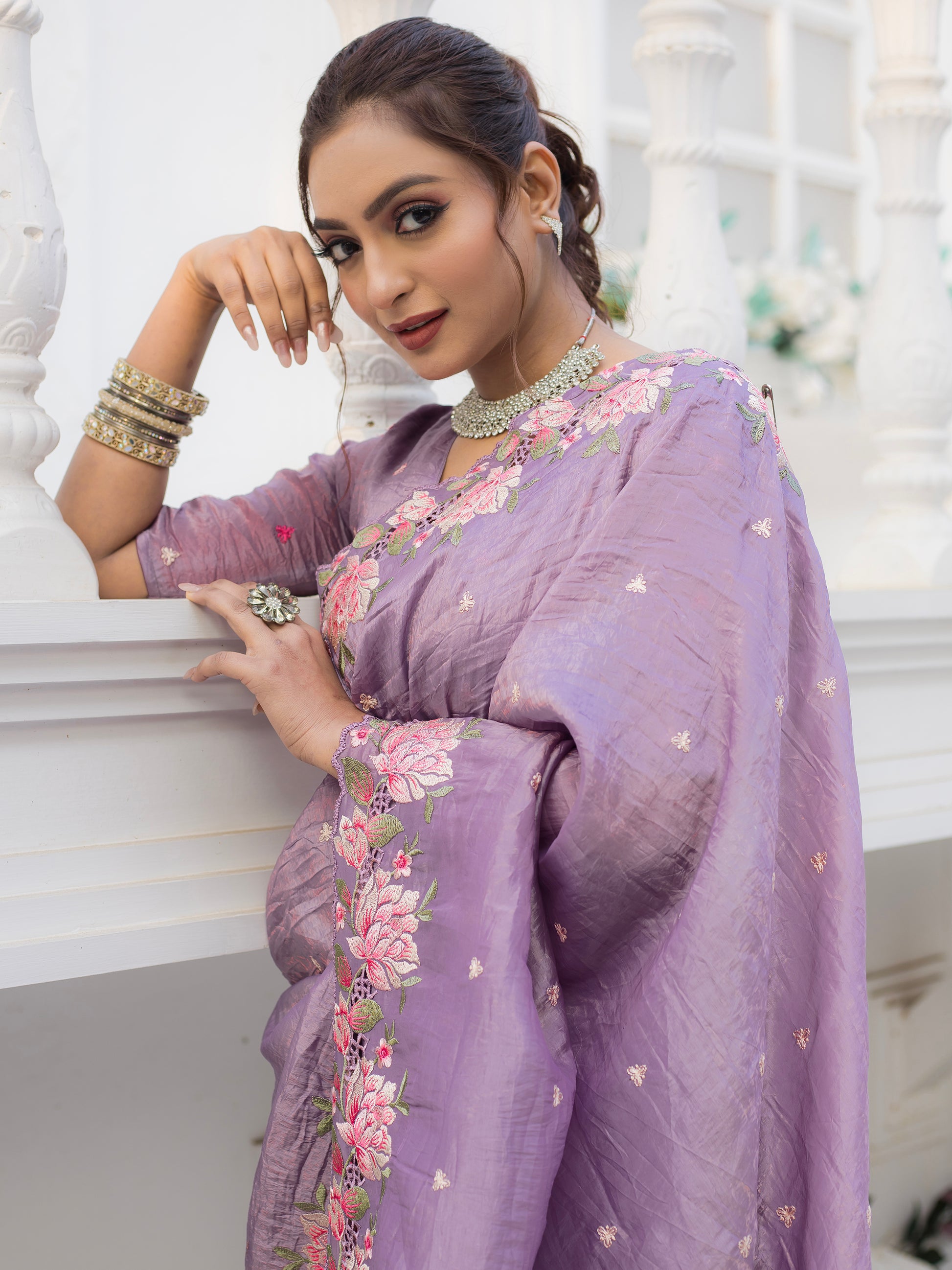 Glamorous Lavender Embroidered Silk Festive Wear Saree