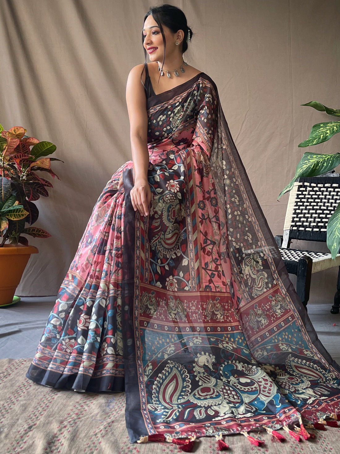 Gorgeous Pink Kalamkari Printed Cotton Festival Wear Saree With Blouse