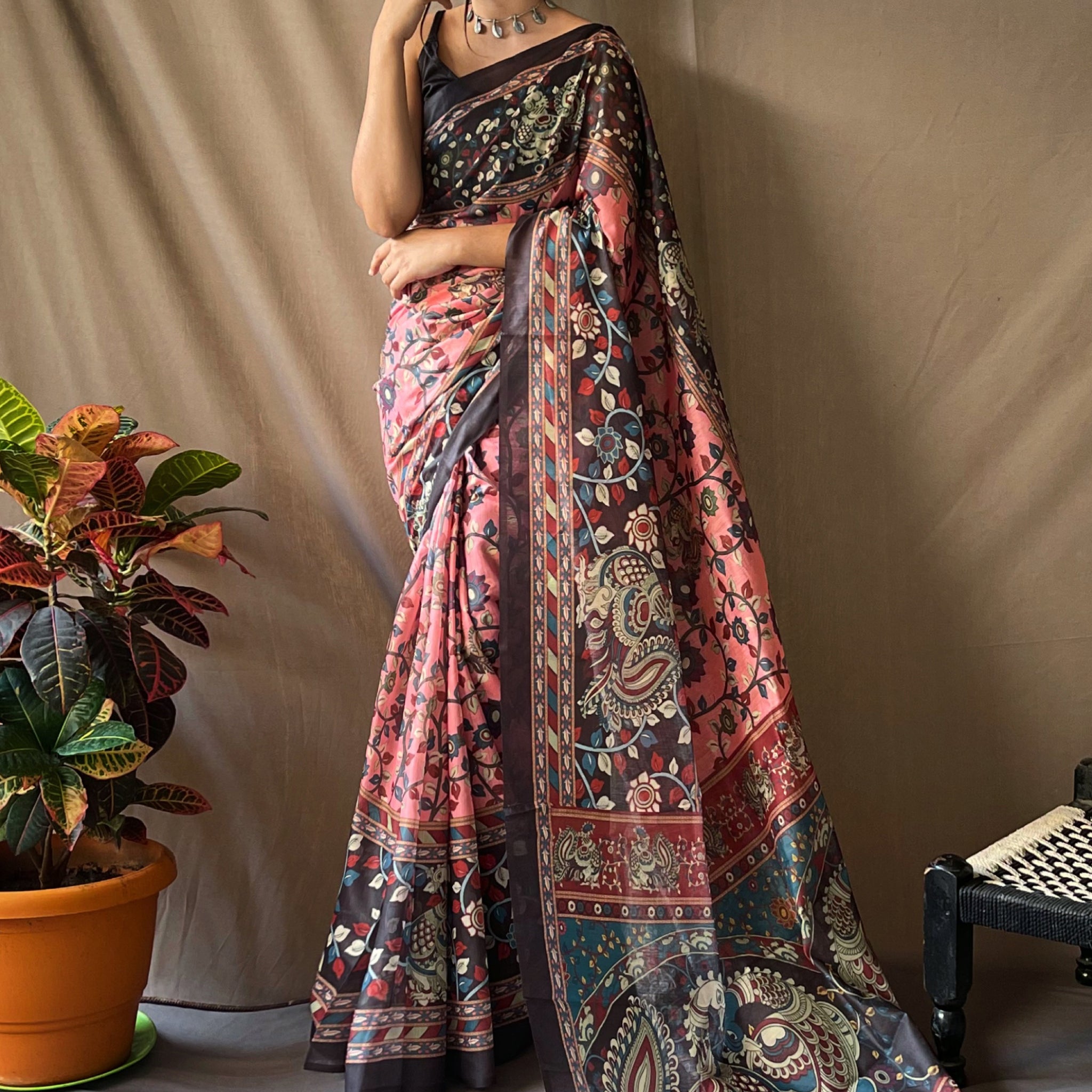 Gorgeous Pink Kalamkari Printed Cotton Festival Wear Saree With Blouse
