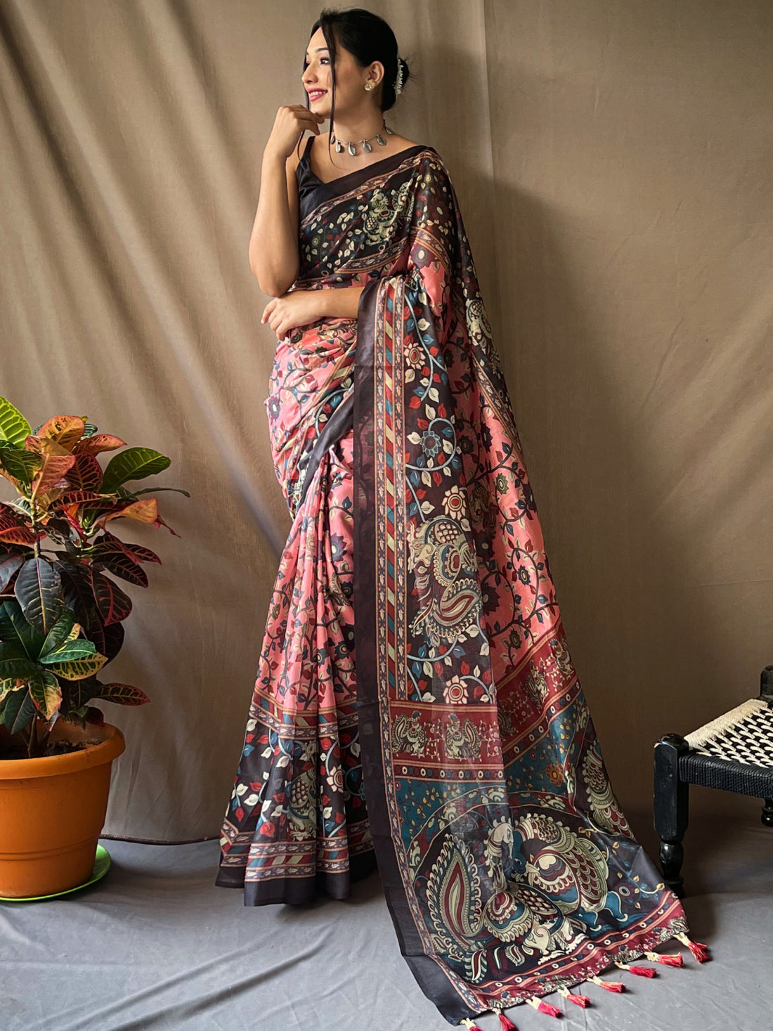 Gorgeous Pink Kalamkari Printed Cotton Festival Wear Saree With Blouse