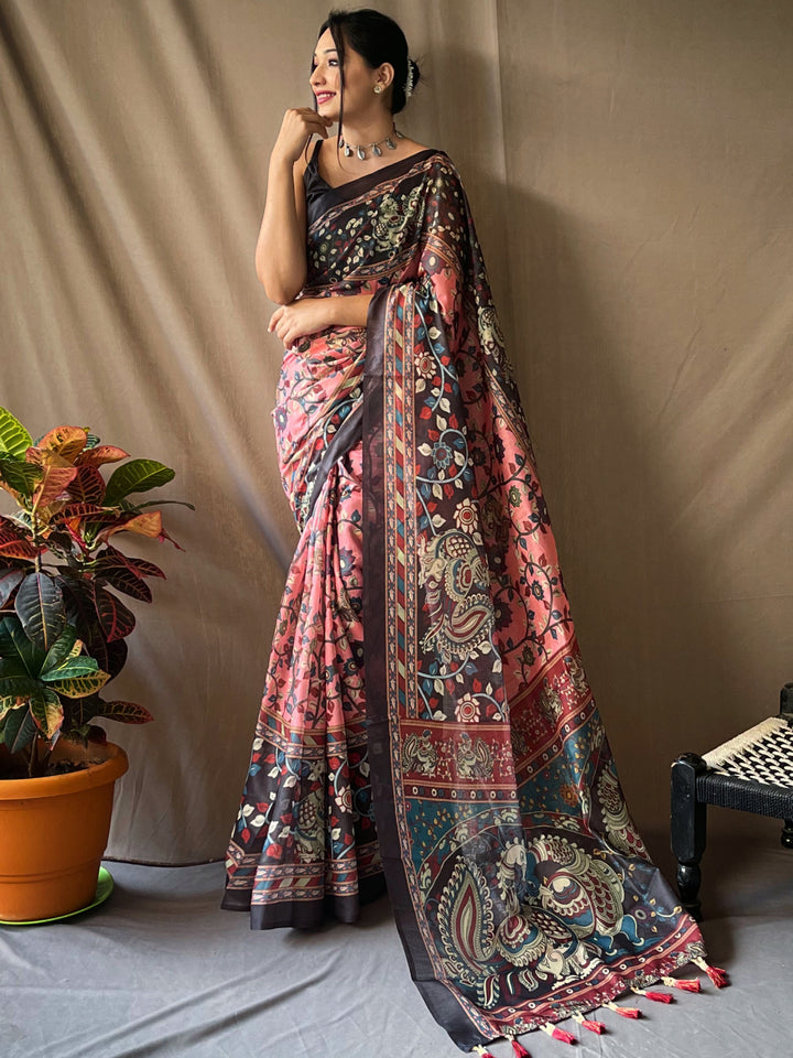 Gorgeous Pink Kalamkari Printed Cotton Festival Wear Saree With Blouse