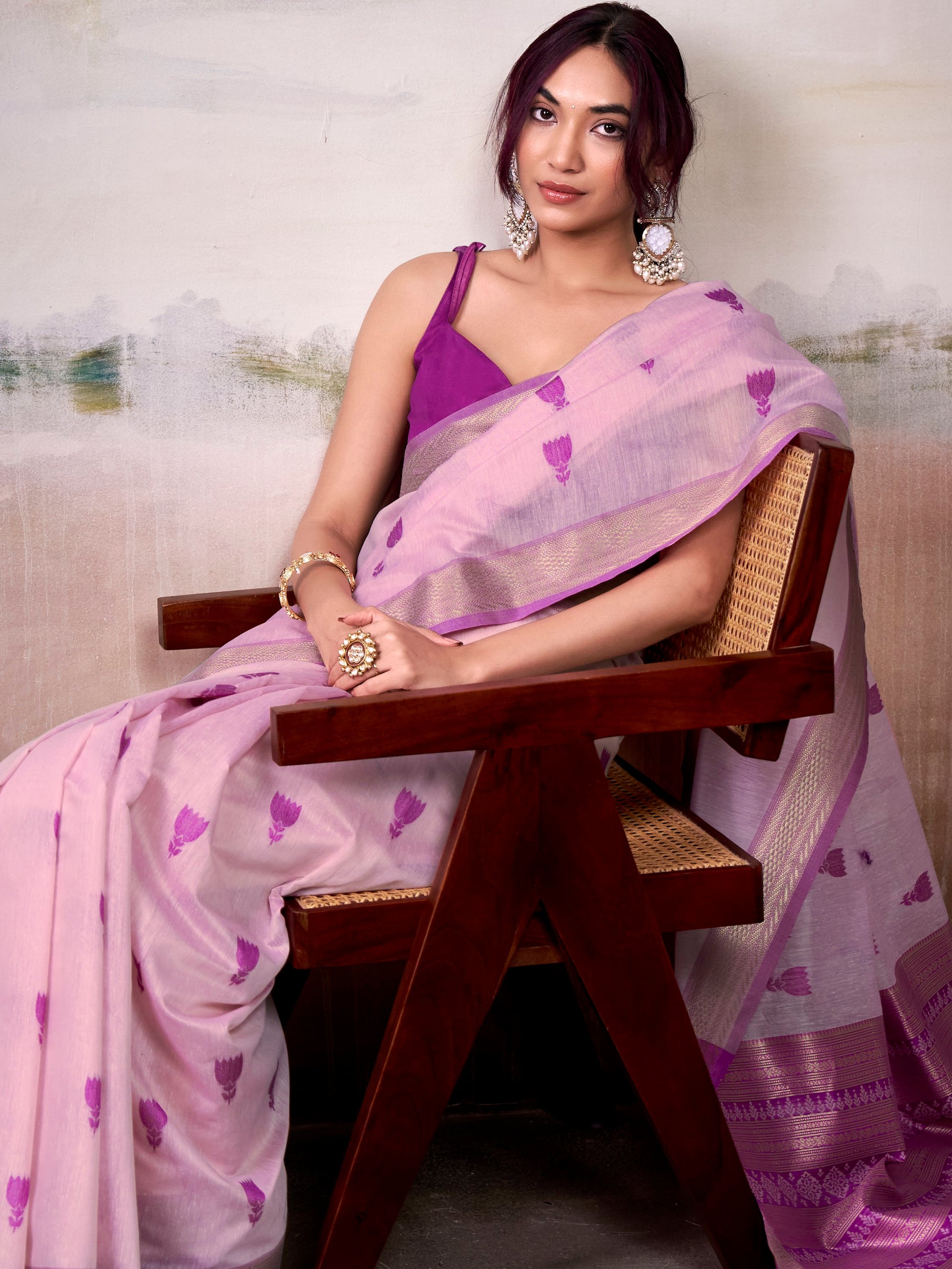 Attractive Lavender Zari Weaving Cotton Festive Wear Saree With Blouse