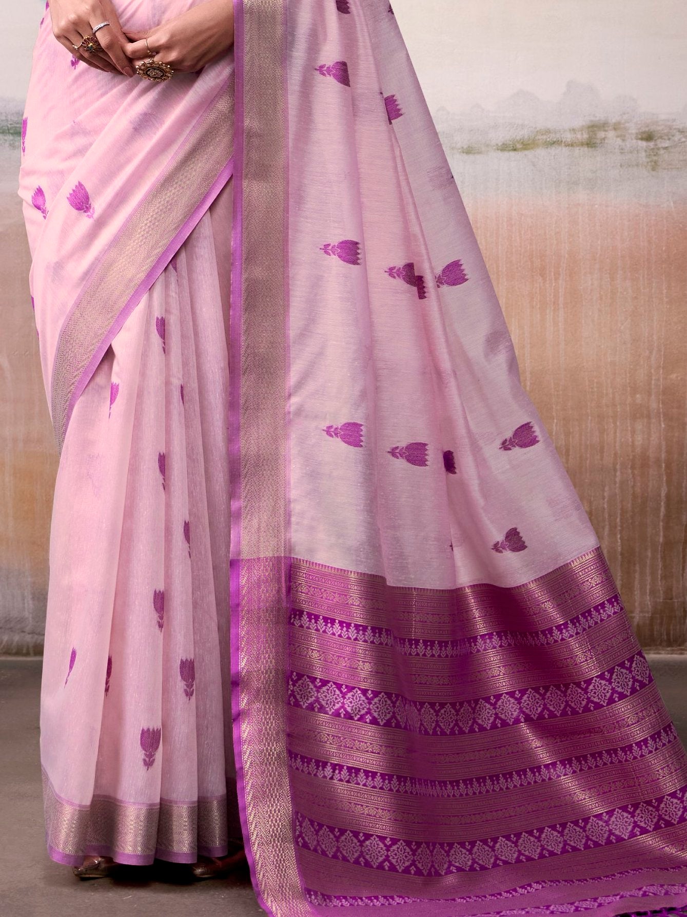 Attractive Lavender Zari Weaving Cotton Festive Wear Saree With Blouse