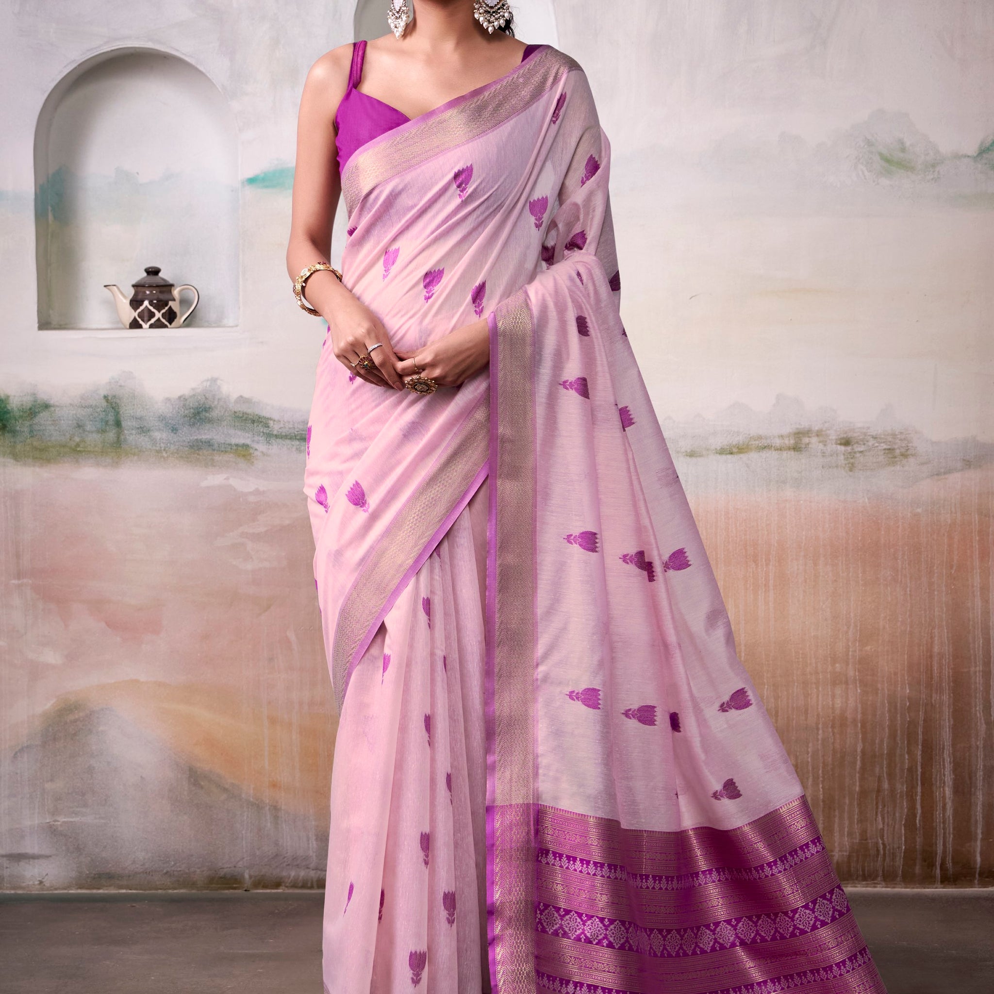 Attractive Lavender Zari Weaving Cotton Festive Wear Saree With Blouse