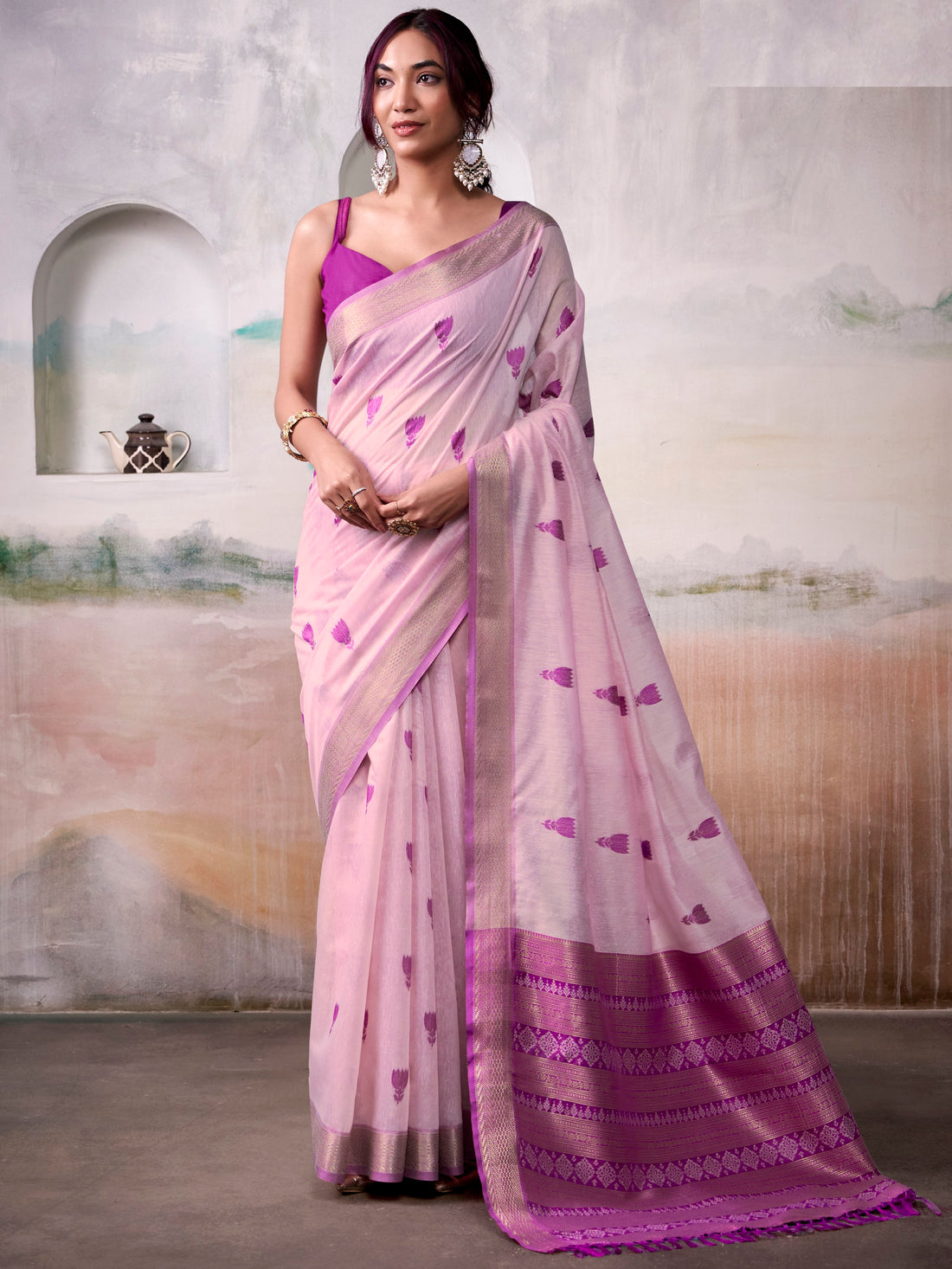 Attractive Lavender Zari Weaving Cotton Festive Wear Saree With Blouse