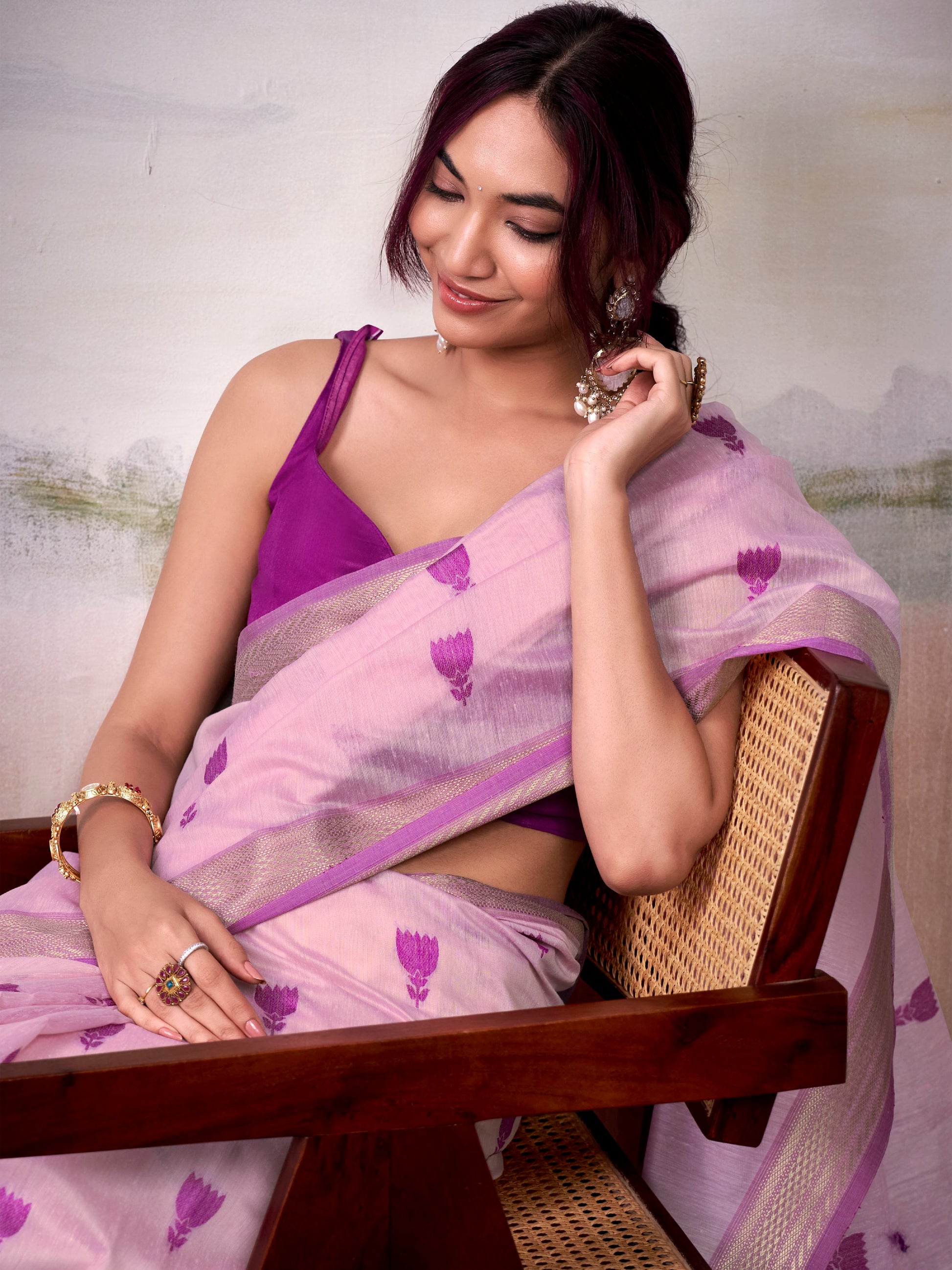 Attractive Lavender Zari Weaving Cotton Festive Wear Saree With Blouse