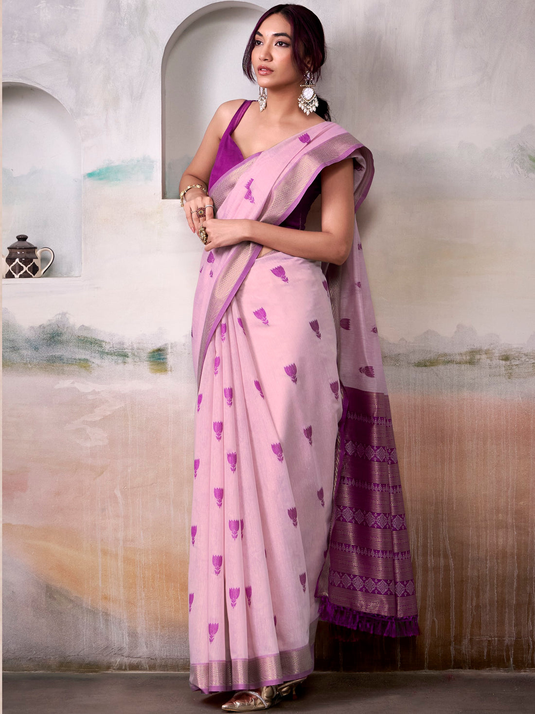 Attractive Lavender Zari Weaving Cotton Festive Wear Saree With Blouse