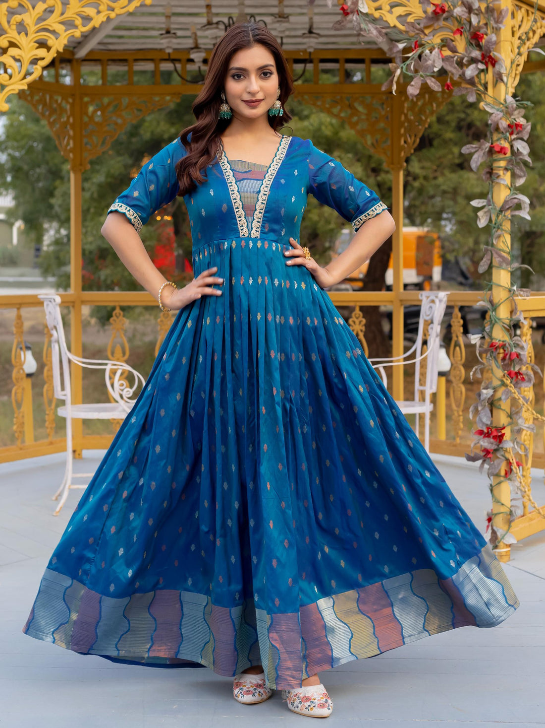 Lovable Teal Blue Zari Weaving Silk Event Wear Gown