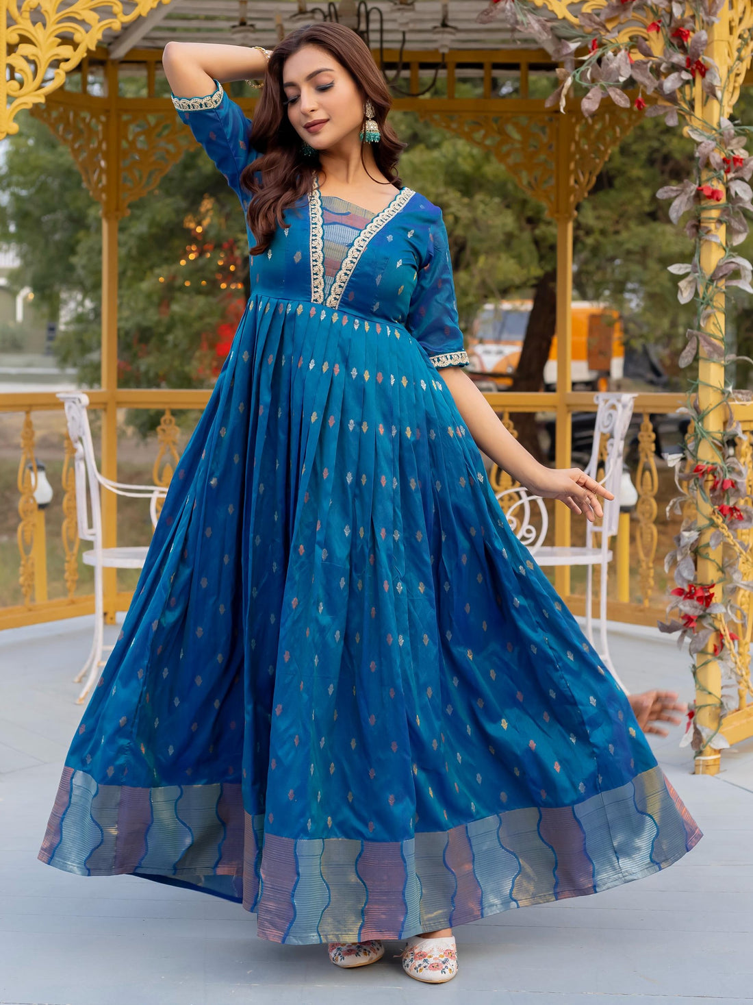 Lovable Teal Blue Zari Weaving Silk Event Wear Gown