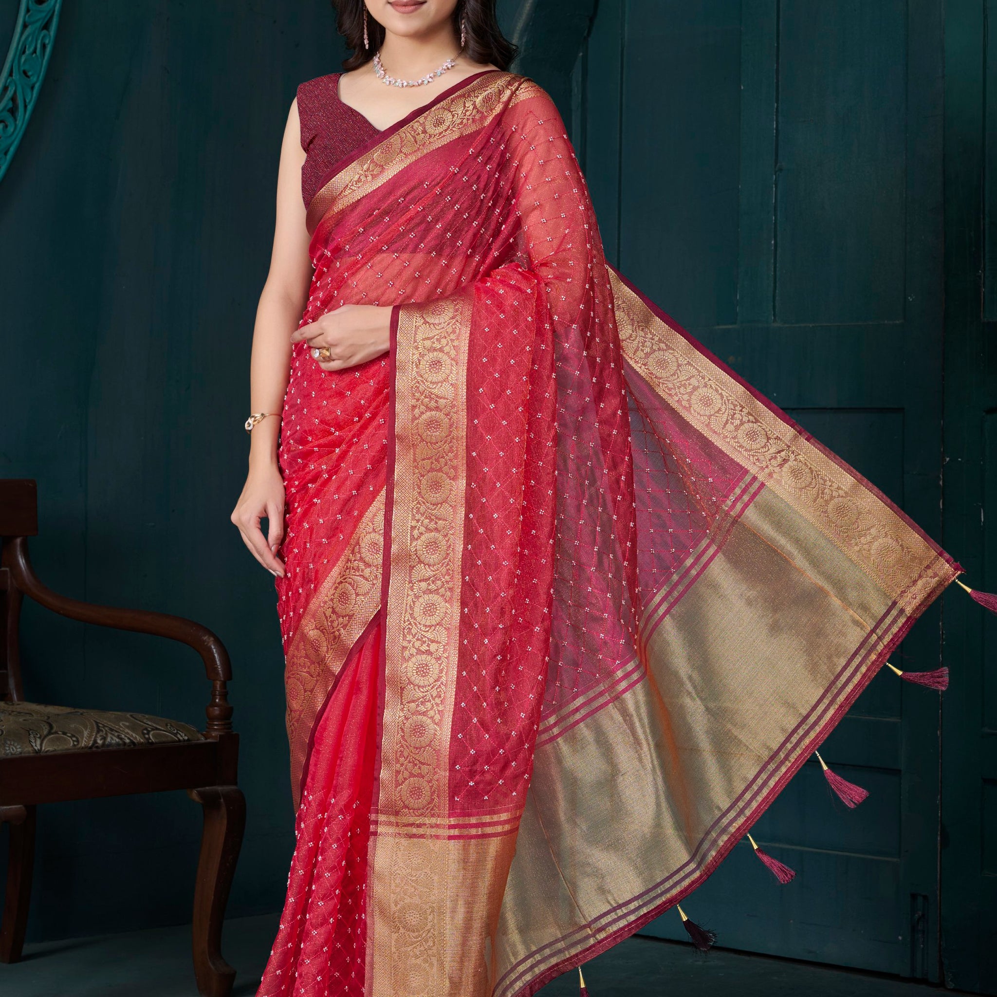 Alluring Red Bead Work Jacquard Festive Wear Saree With Blouse