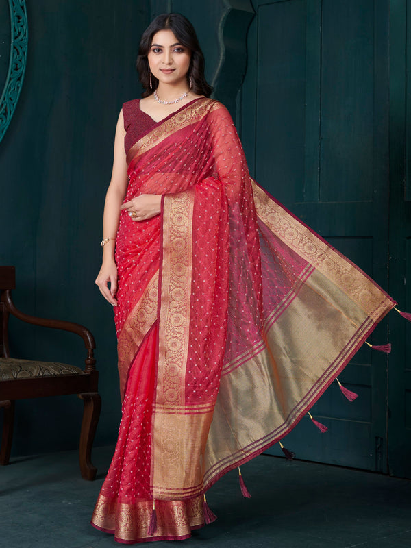 Alluring Red Bead Work Jacquard Festive Wear Saree With Blouse
