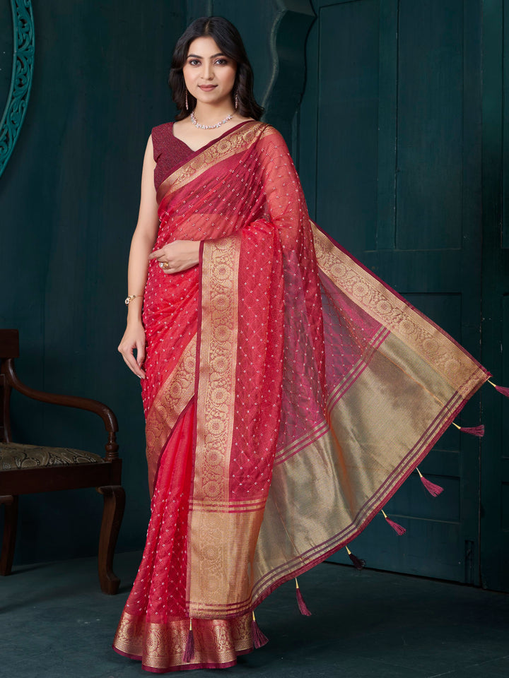 Alluring Red Bead Work Jacquard Festive Wear Saree With Blouse