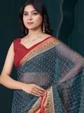 Amazing Grey Bead Work Jacquard Saree With Maroon Blouse