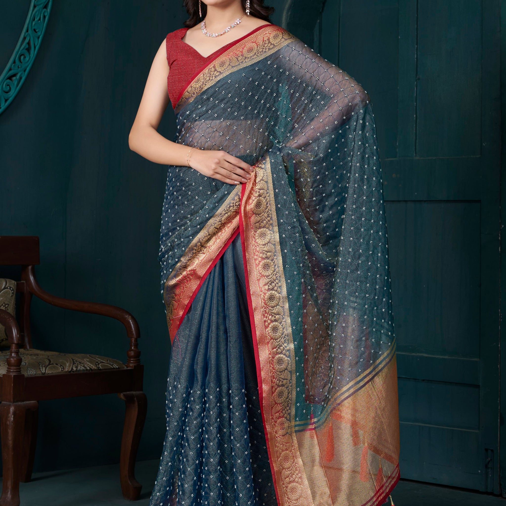 Amazing Grey Bead Work Jacquard Saree With Maroon Blouse