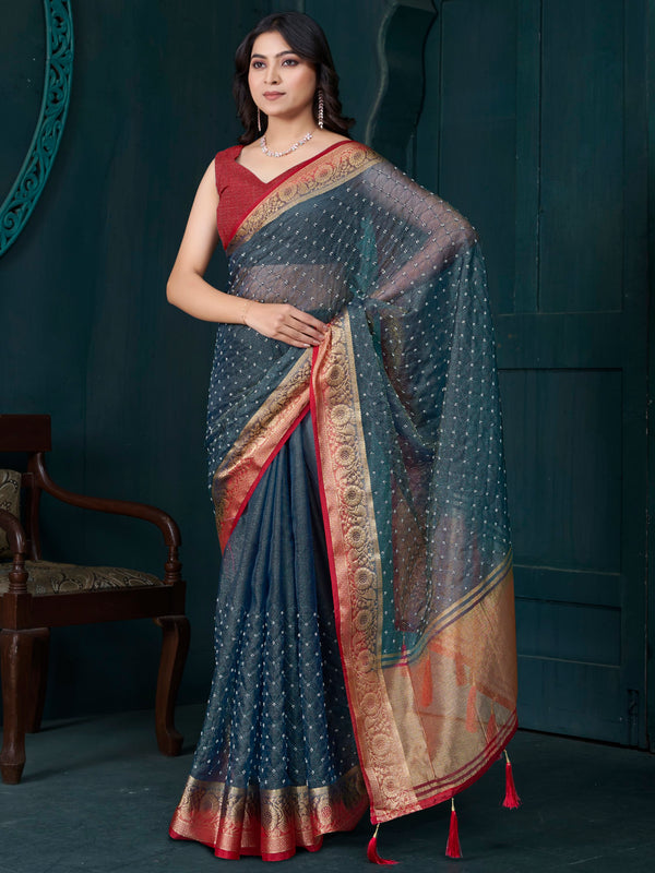 Amazing Grey Bead Work Jacquard Saree With Maroon Blouse