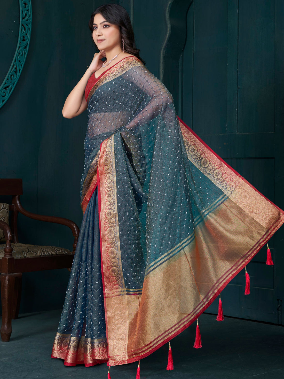 Amazing Grey Bead Work Jacquard Saree With Maroon Blouse