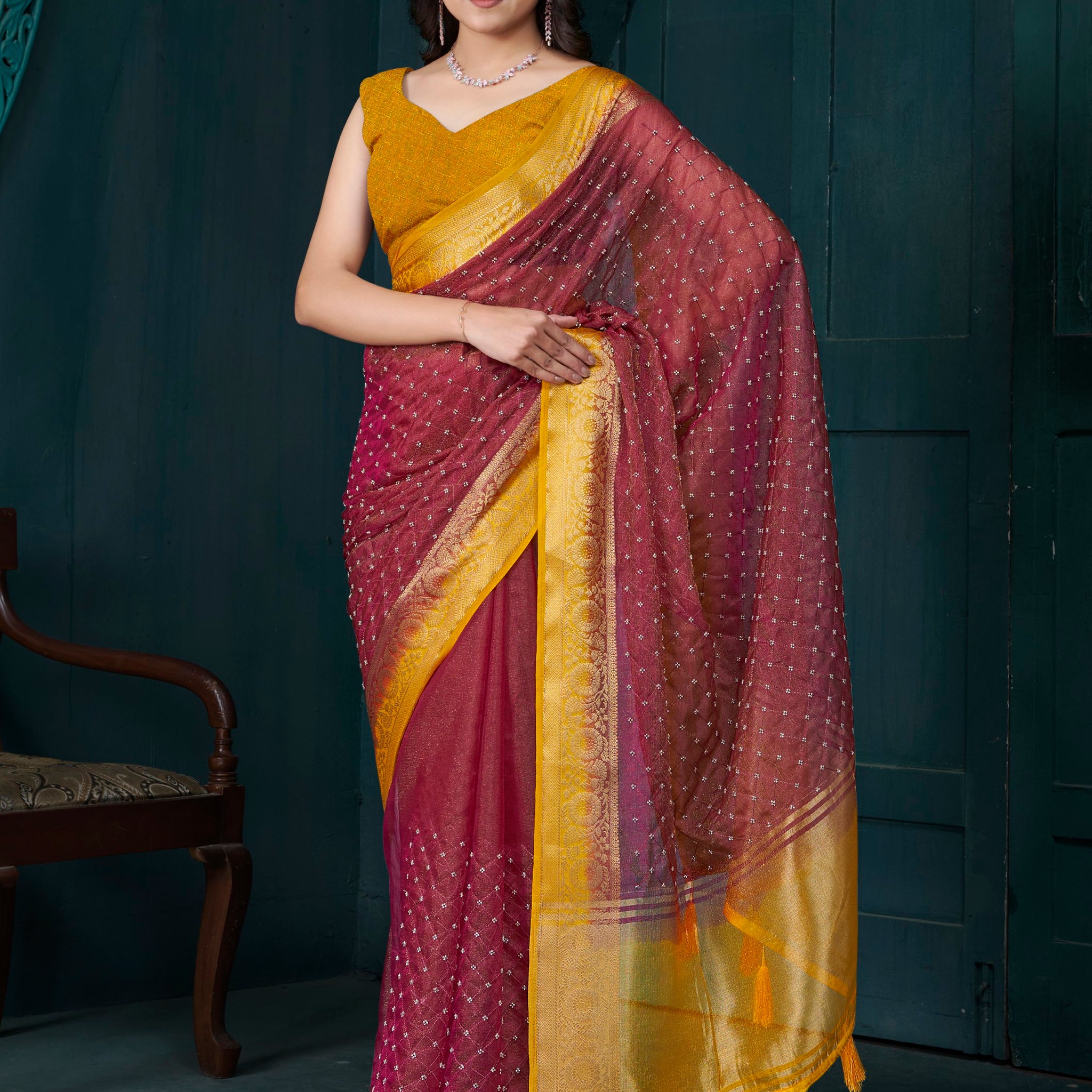 Gorgeous Maroon Bead Work Jacquard Traditional Saree With Blouse
