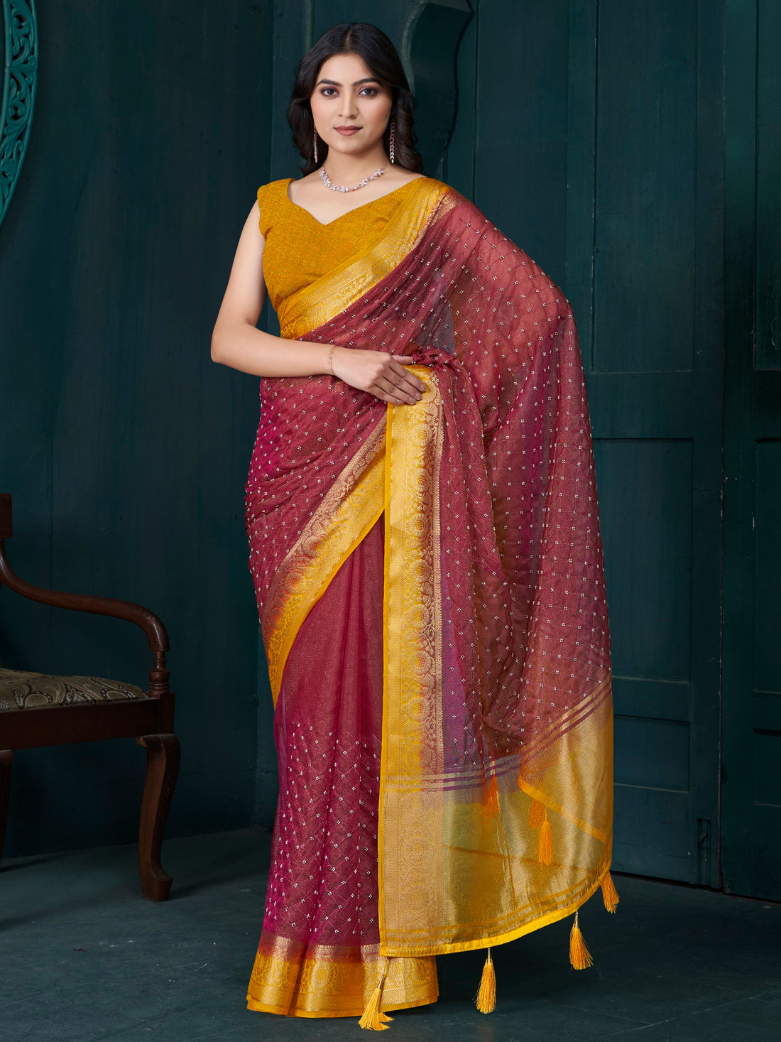 Gorgeous Maroon Bead Work Jacquard Traditional Saree With Blouse