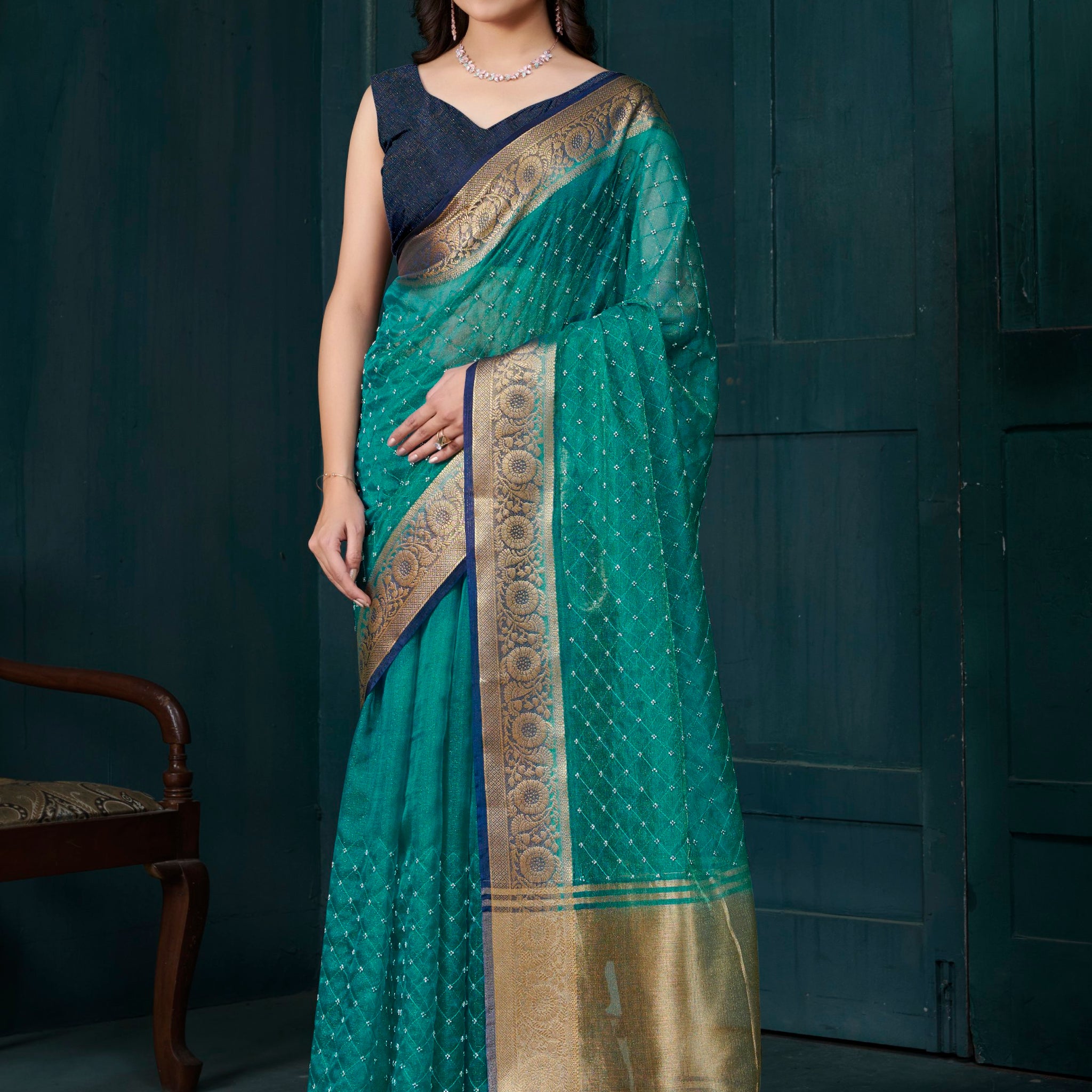 Wonderful Teal Green Bead Work Jacquard Festive Wear Saree With Blouse