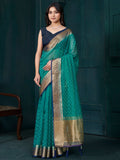 Wonderful Teal Green Bead Work Jacquard Festive Wear Saree With Blouse