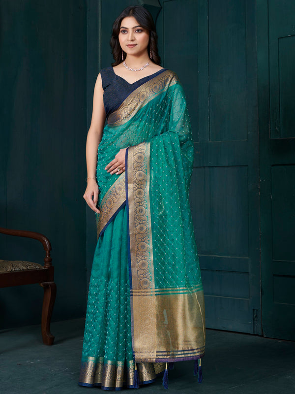 Wonderful Teal Green Bead Work Jacquard Festive Wear Saree With Blouse