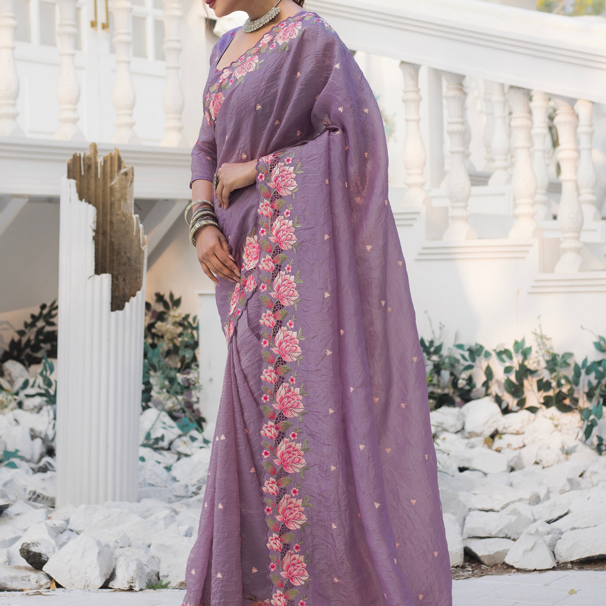 Marvelous Purple Embroidered Silk Party Wear Saree