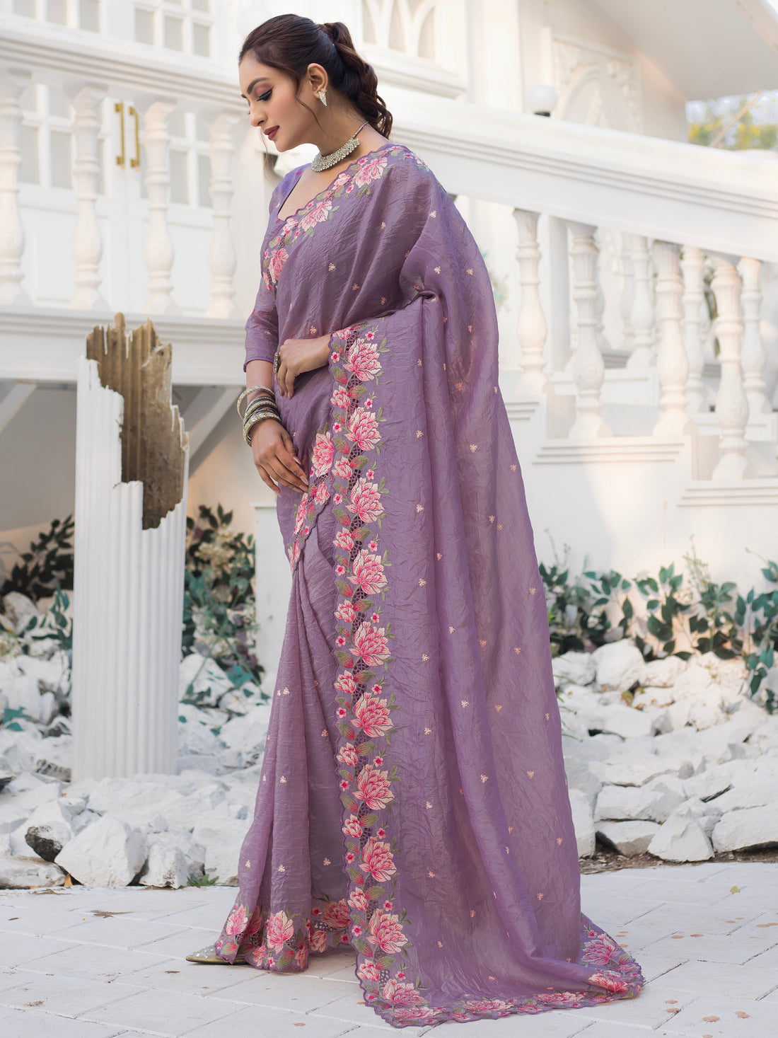 Marvelous Purple Embroidered Silk Party Wear Saree