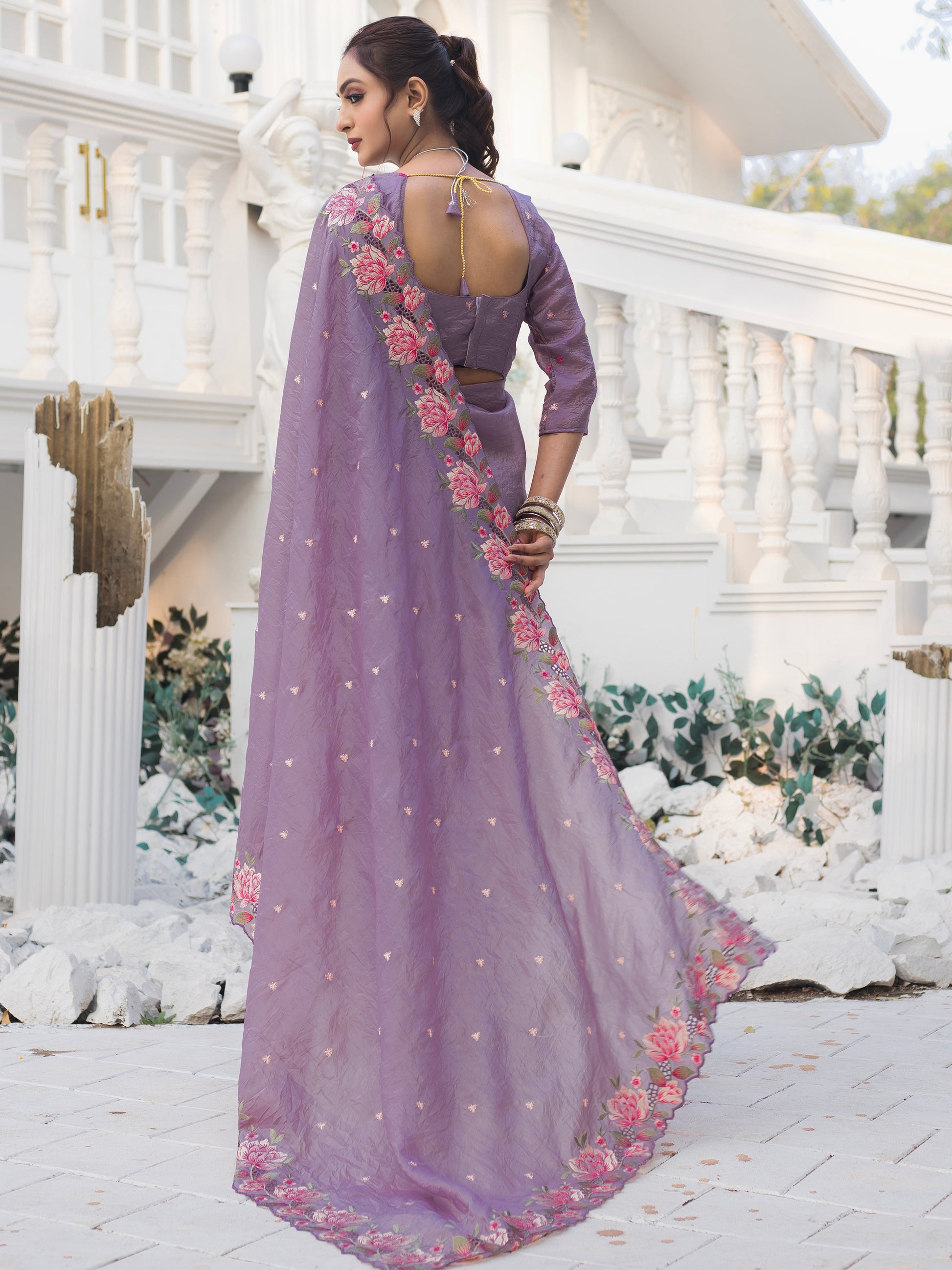 Marvelous Purple Embroidered Silk Party Wear Saree