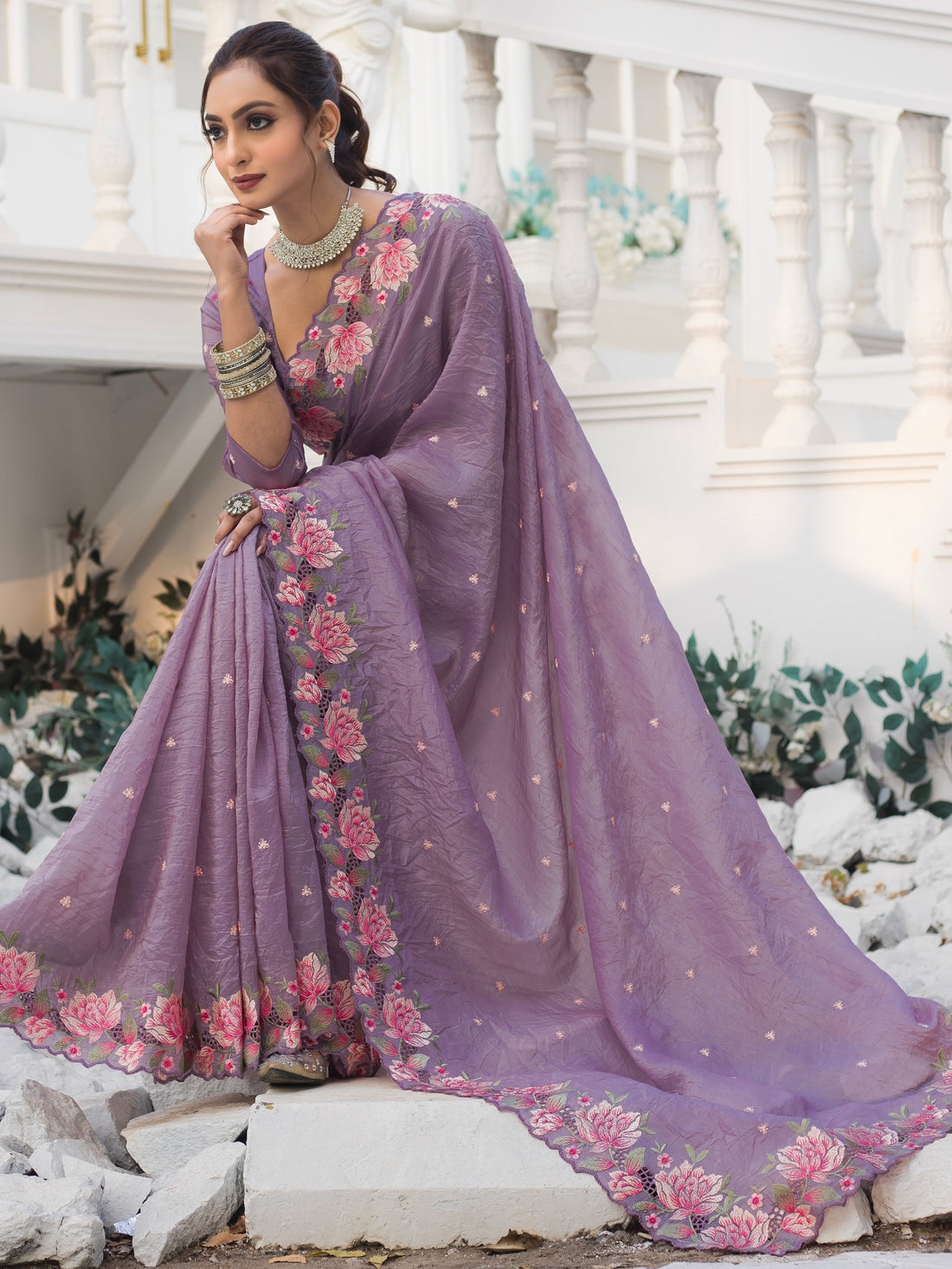 Marvelous Purple Embroidered Silk Party Wear Saree