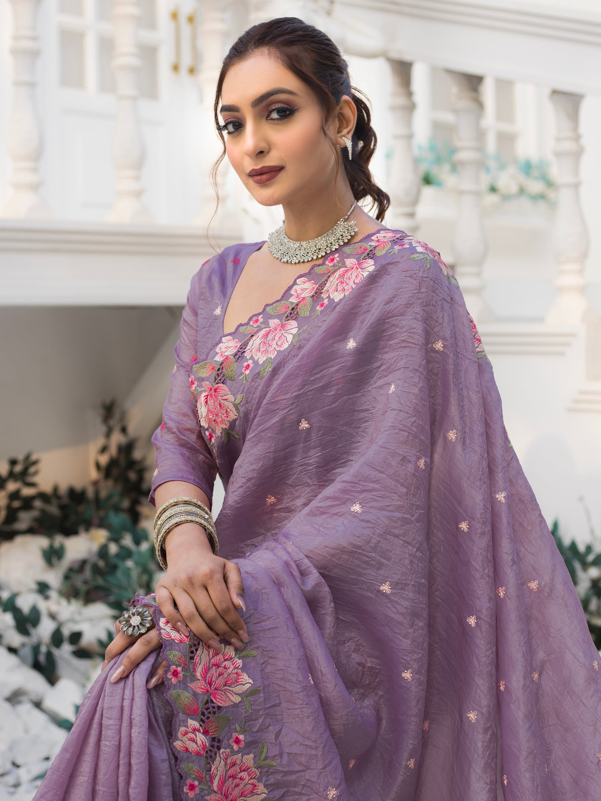 Marvelous Purple Embroidered Silk Party Wear Saree