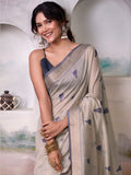Spectacular Grey Zari Weaving Cotton Traditional Saree With Blouse