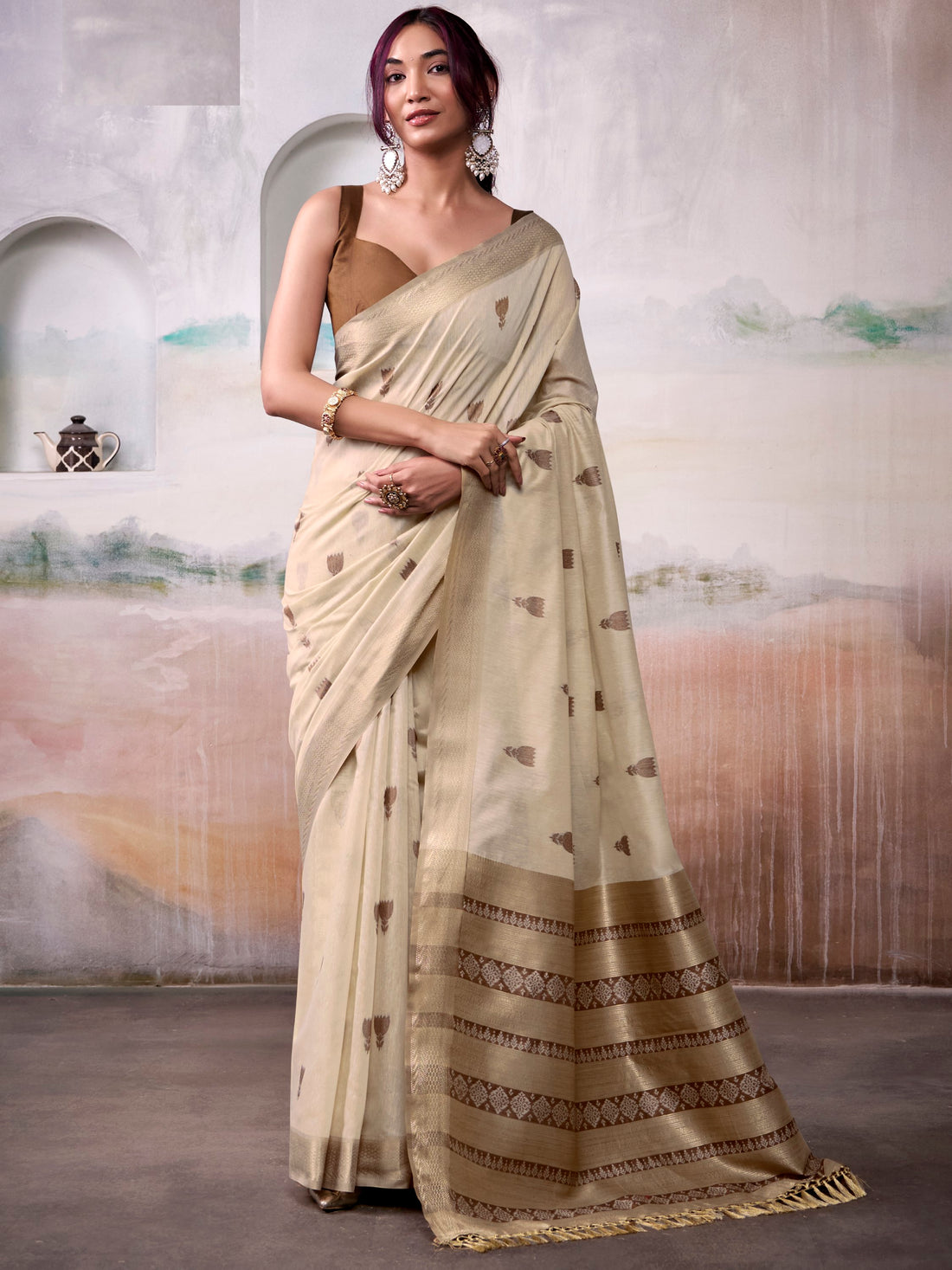 Gleaming Beige Zari Weaving Cotton Casual Wear Saree With Blouse
