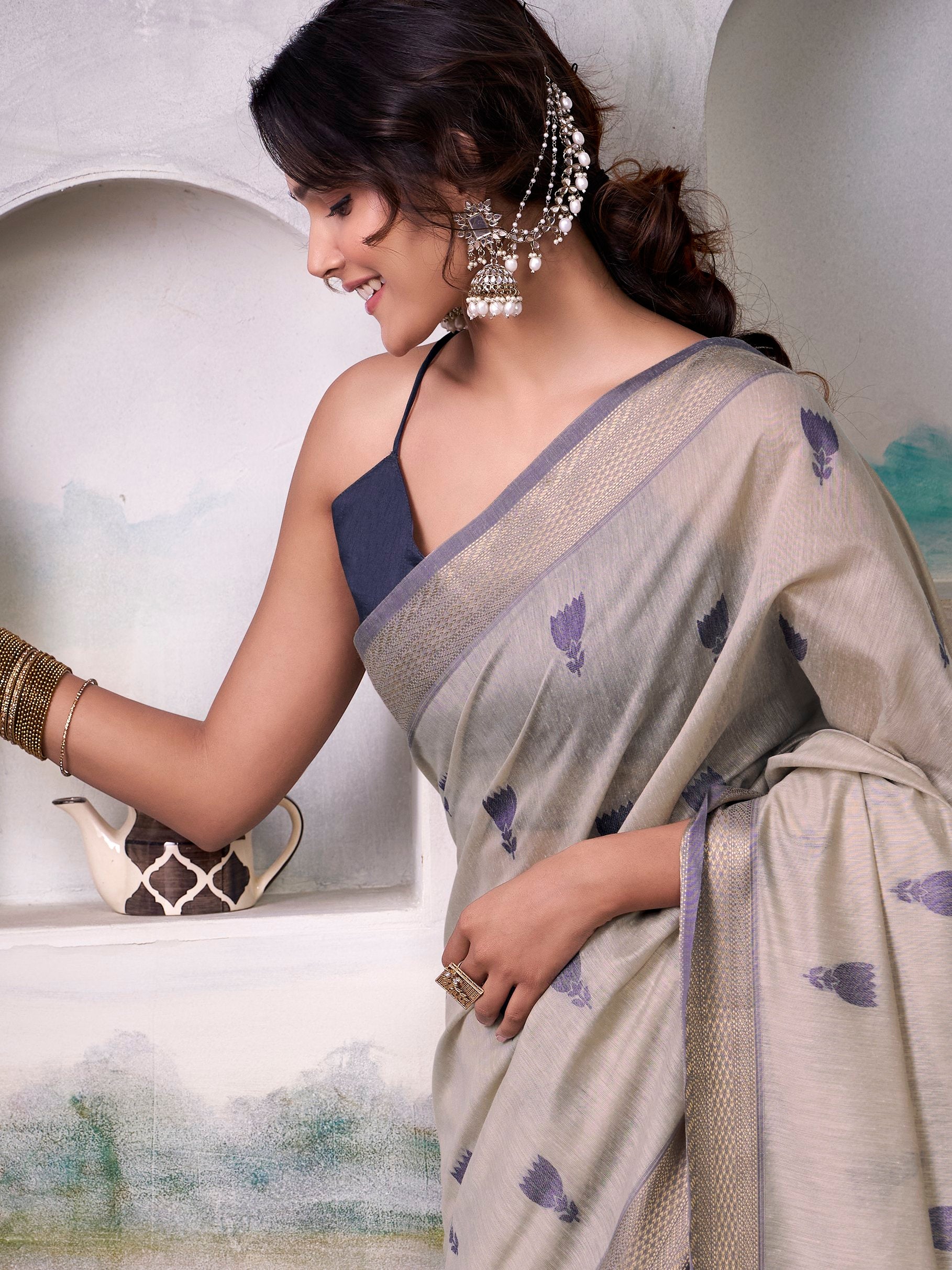 Spectacular Grey Zari Weaving Cotton Traditional Saree With Blouse