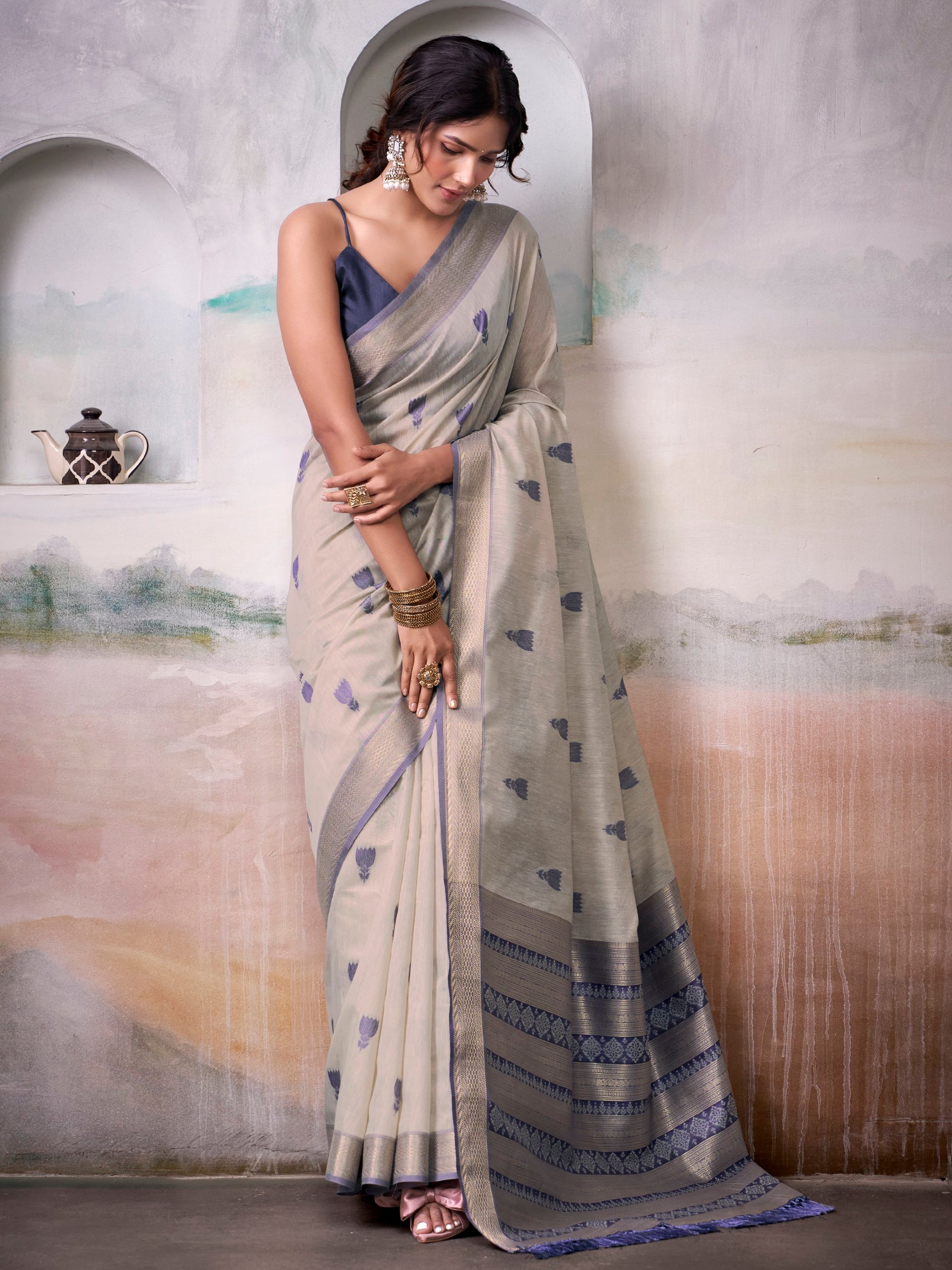 Spectacular Grey Zari Weaving Cotton Traditional Saree With Blouse