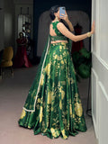 Adorable Green Floral Printed Silk Festive Wear Lehenga Choli