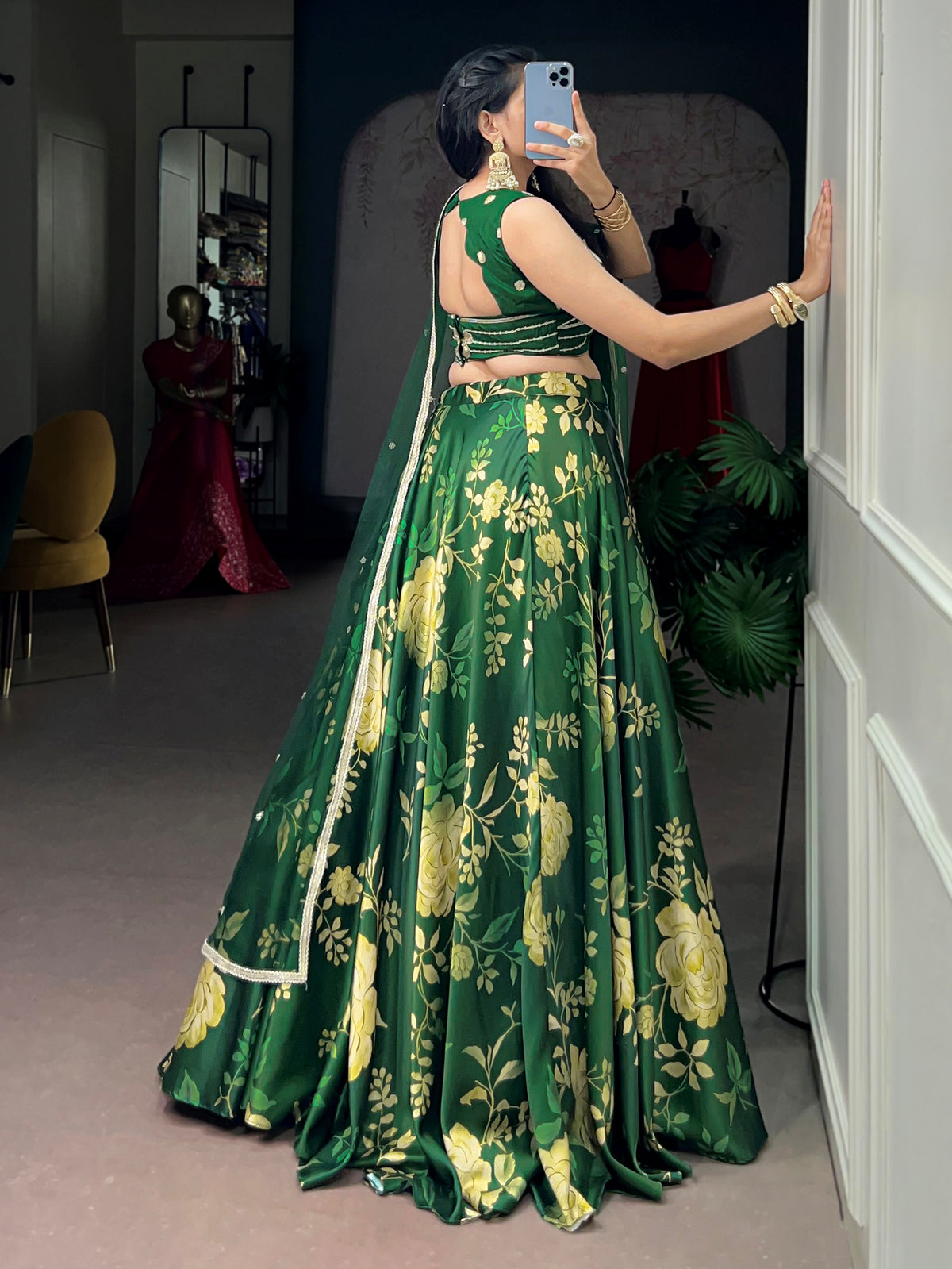 Adorable Green Floral Printed Silk Festive Wear Lehenga Choli