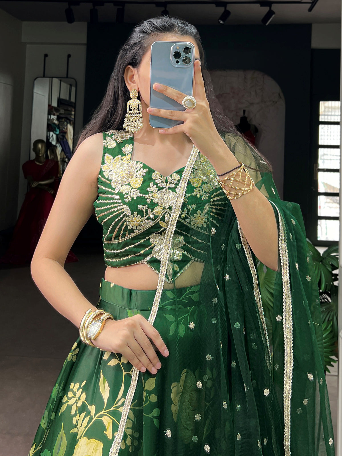 Adorable Green Floral Printed Silk Festive Wear Lehenga Choli
