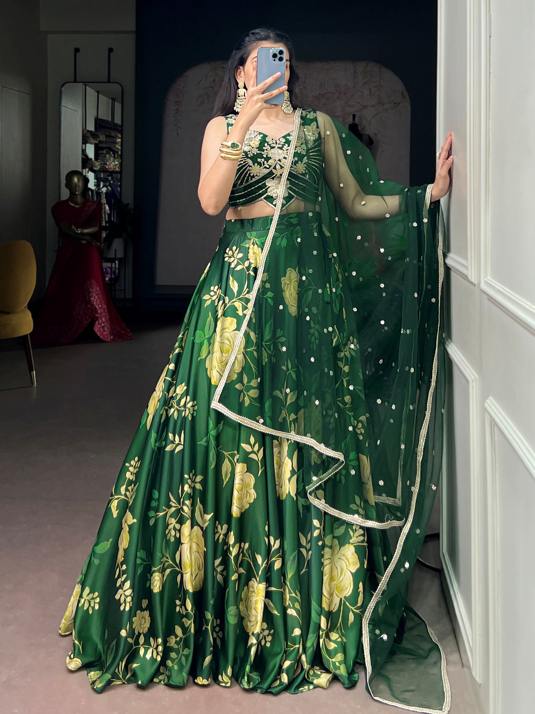 Adorable Green Floral Printed Silk Festive Wear Lehenga Choli
