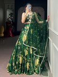 Adorable Green Floral Printed Silk Festive Wear Lehenga Choli