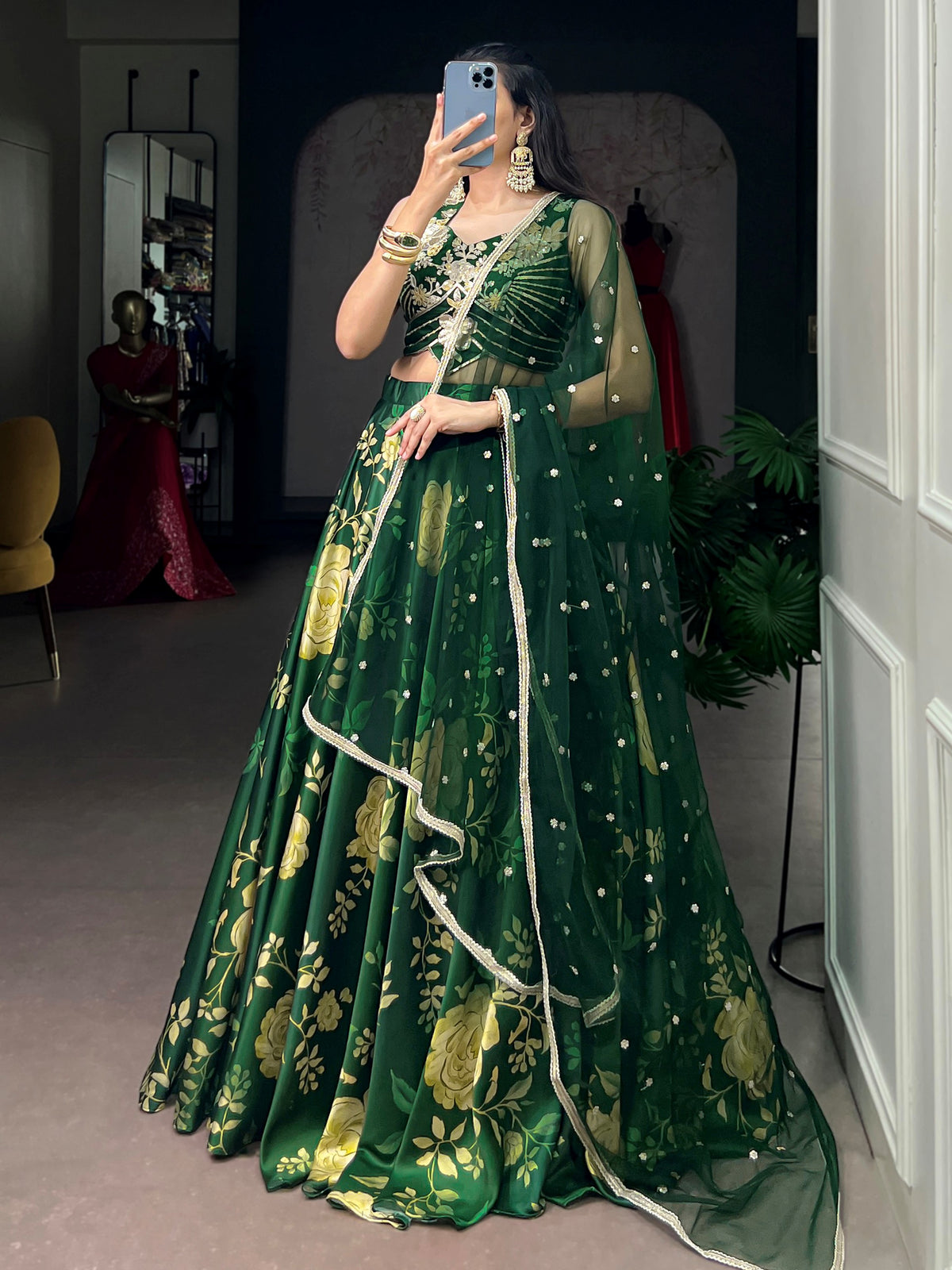 Adorable Green Floral Printed Silk Festive Wear Lehenga Choli