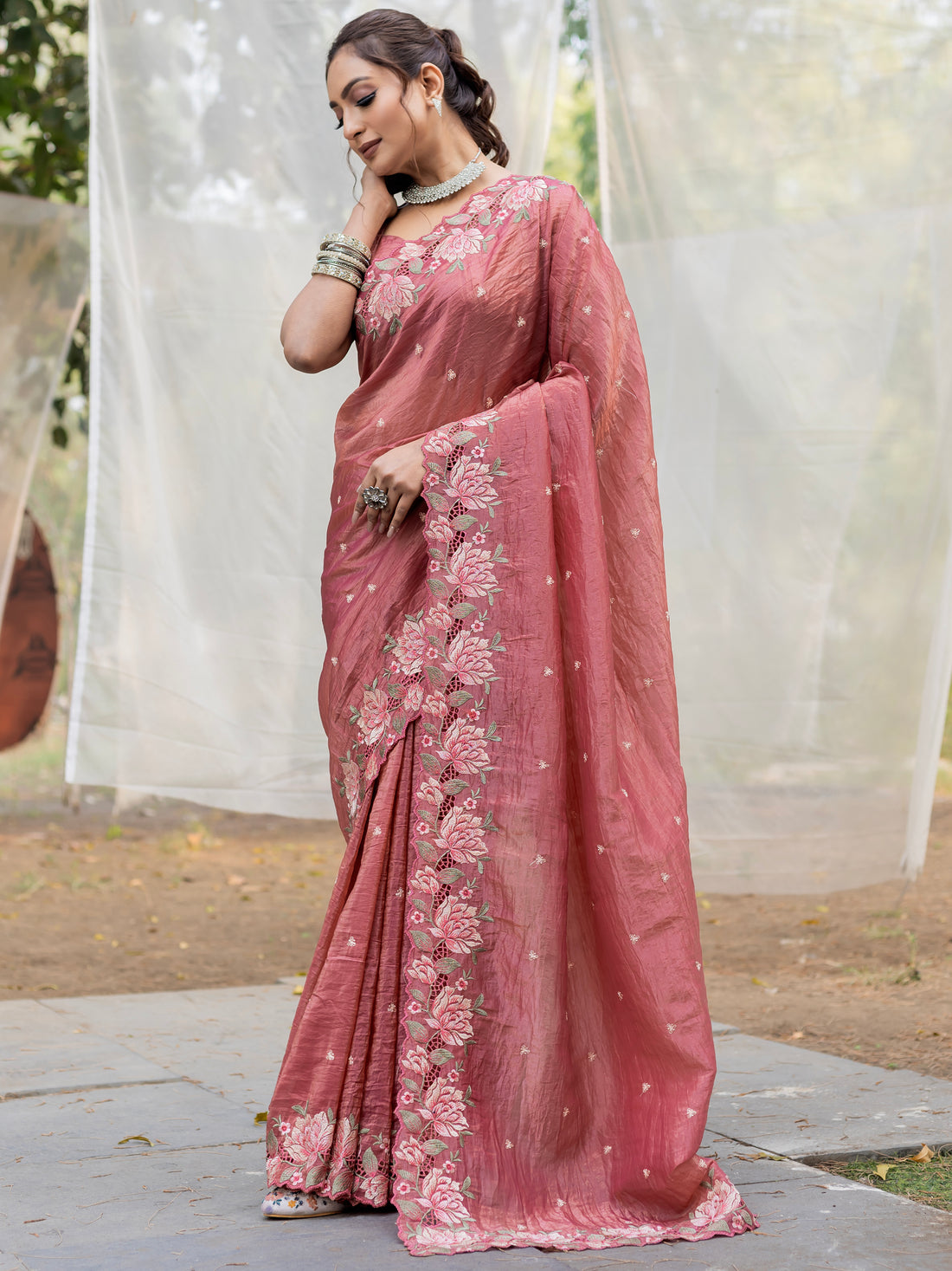 Wonderful Brown Embroidered Silk Festive Wear Saree