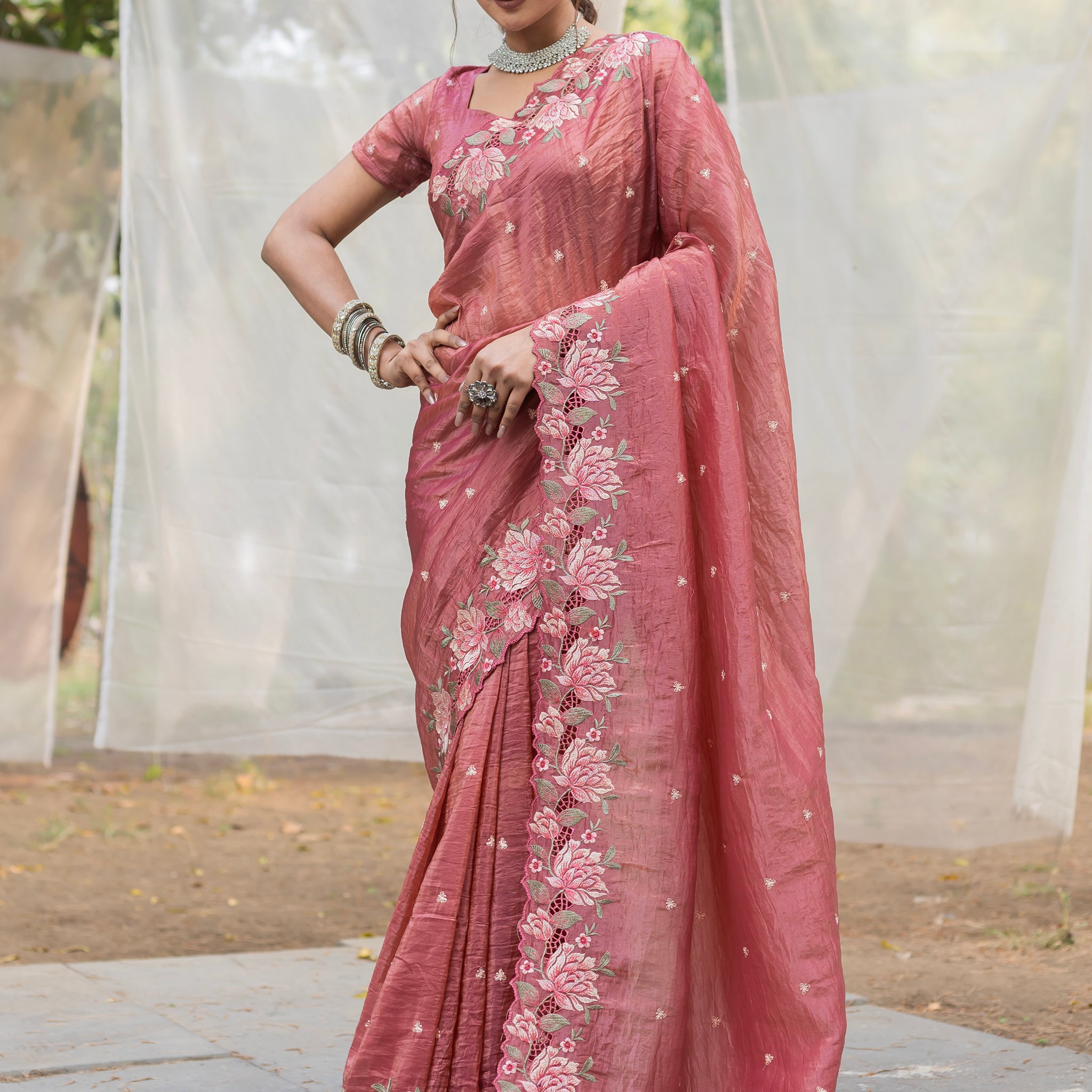 Wonderful Brown Embroidered Silk Festive Wear Saree