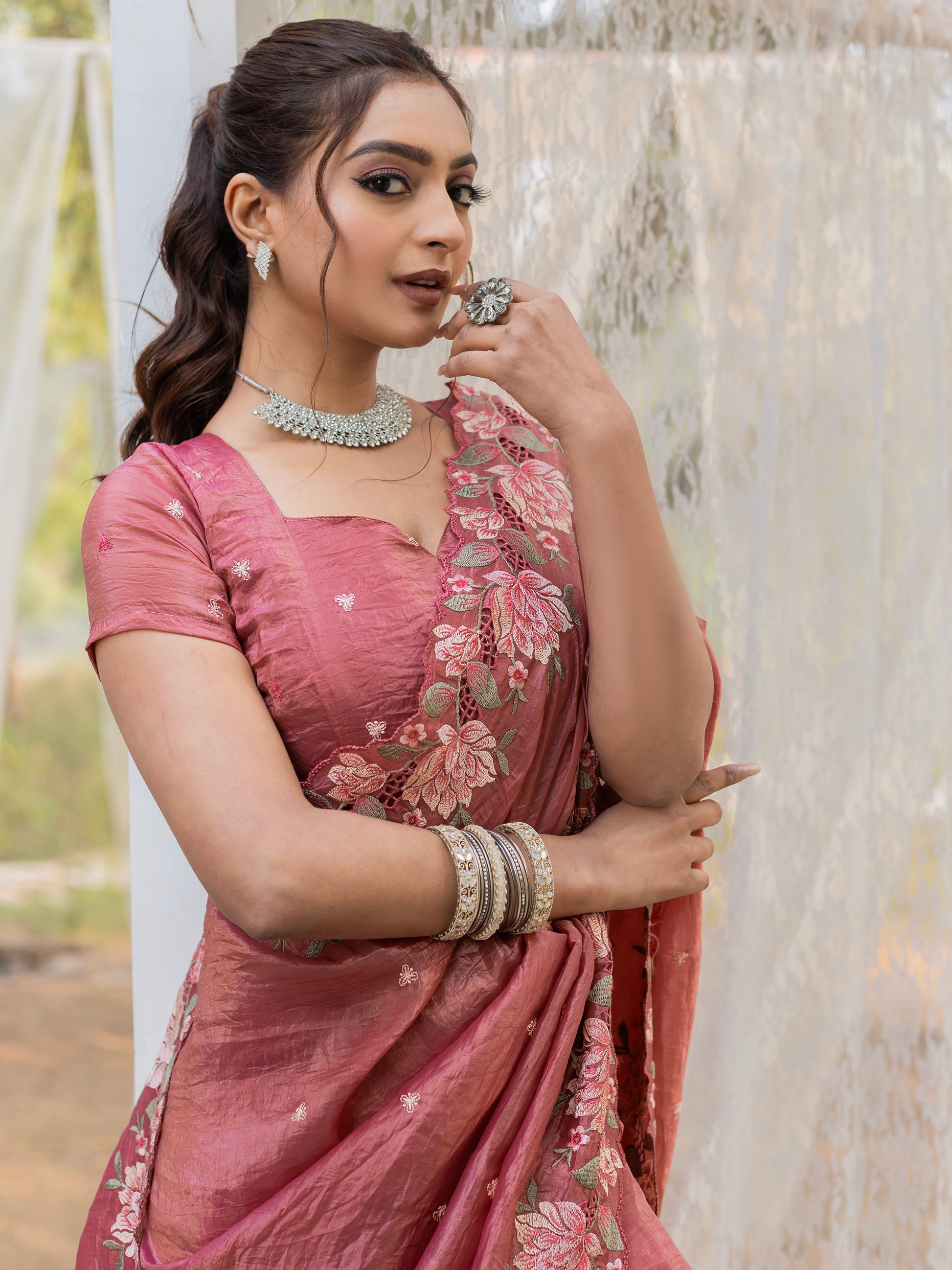 Wonderful Brown Embroidered Silk Festive Wear Saree