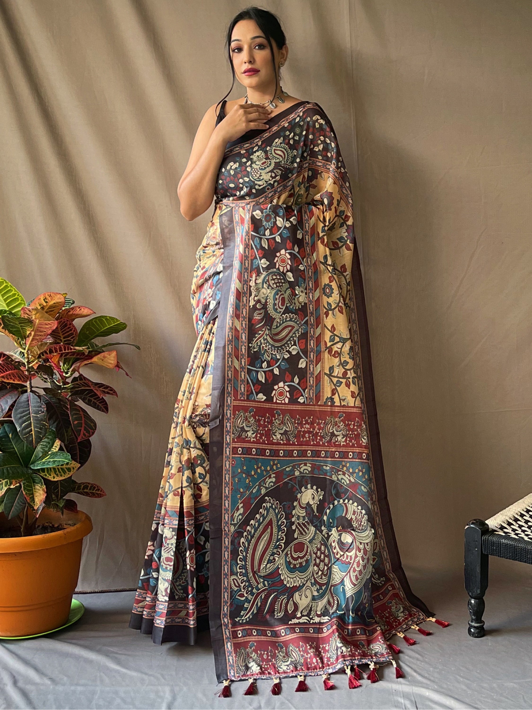 Shop Yellow Kalamkari Printed Cotton Saree Online At Zeel Clothing