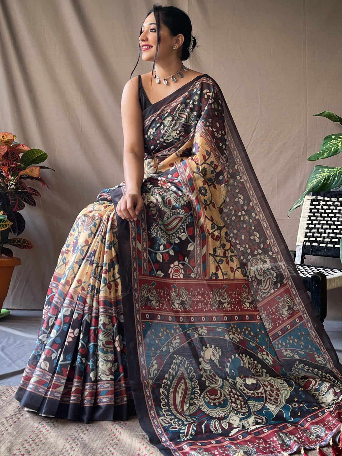 Spectacular Yellow Kalamkari Printed Cotton Traditional Saree
