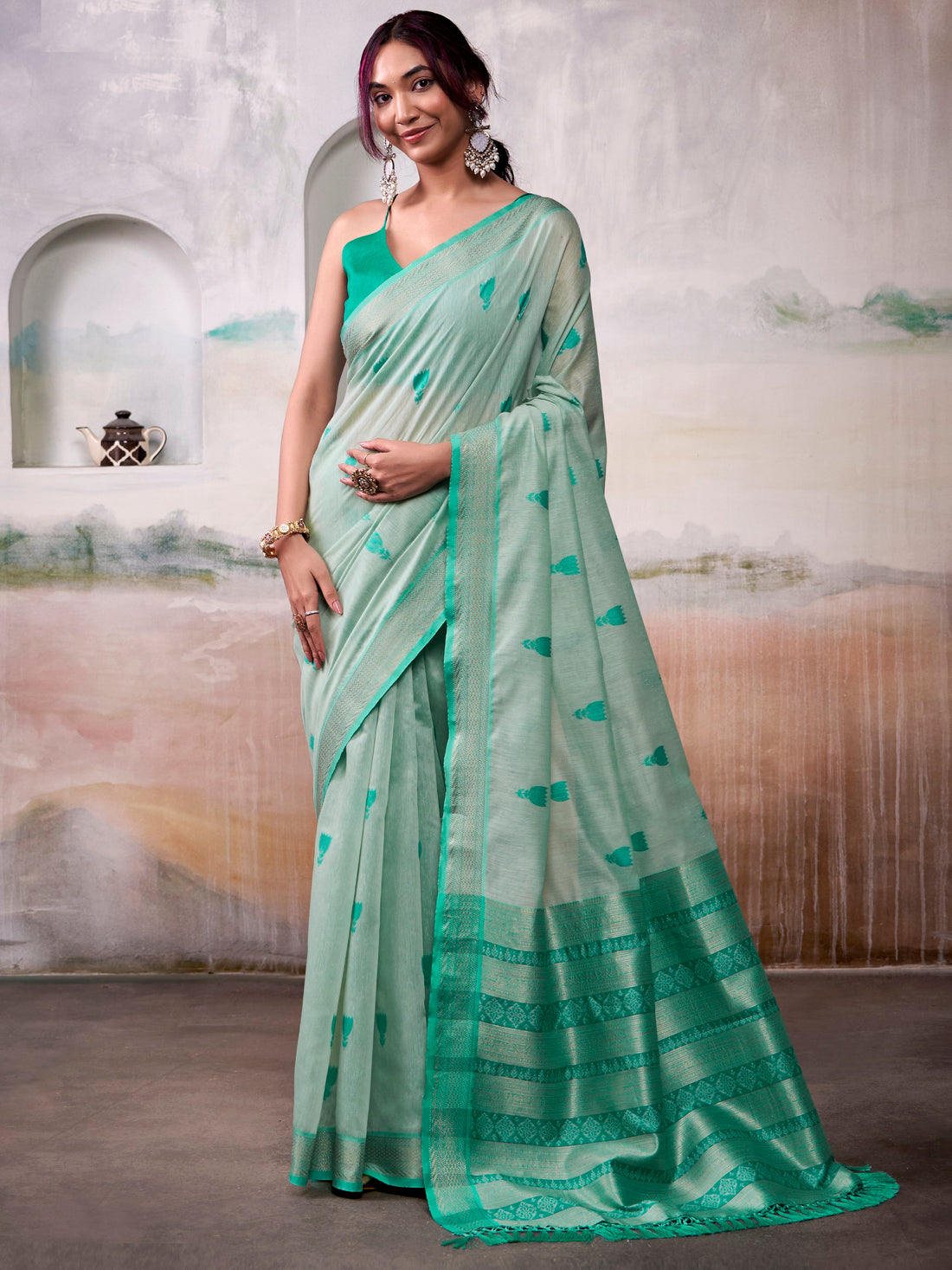 Timeless Sea Green Zari Weaving Cotton Function Wear Saree With Blouse