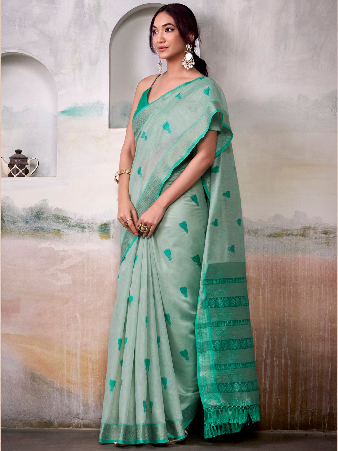 Timeless Sea Green Zari Weaving Cotton Function Wear Saree With Blouse