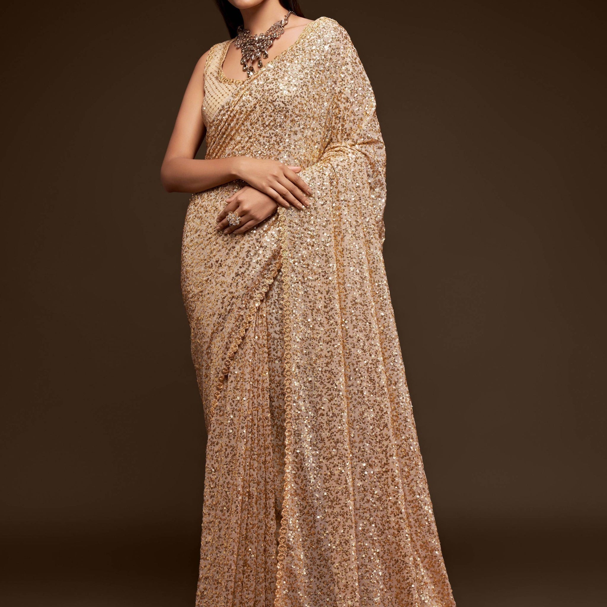 Awesome Ivory Sequined Georgette Party Wear Saree