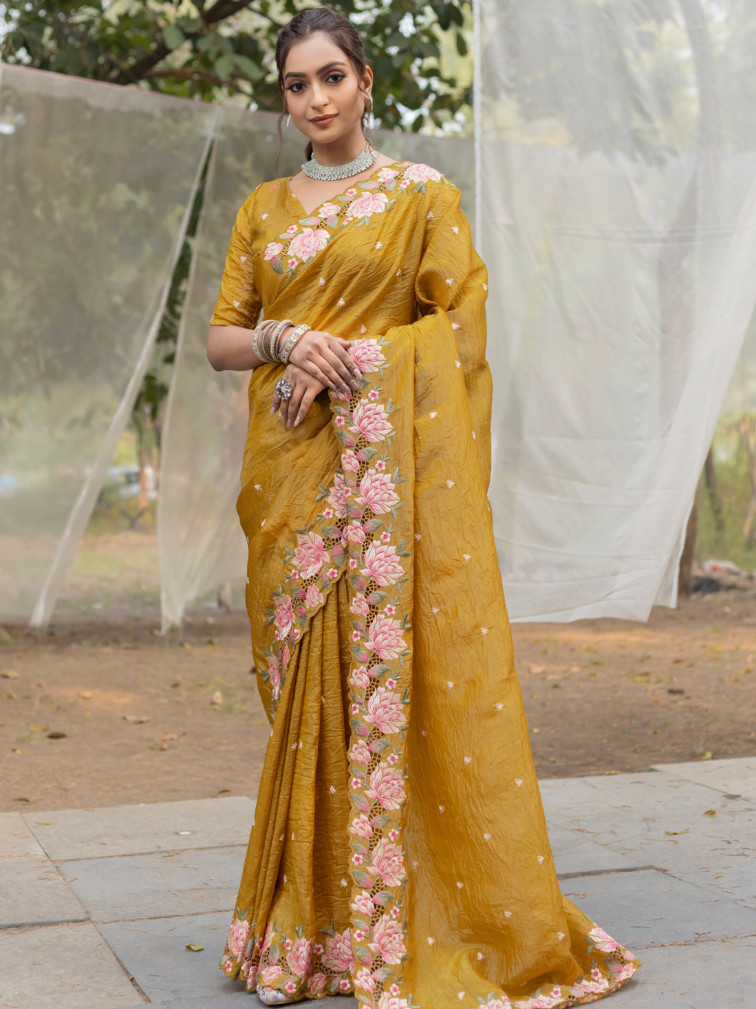Amazing Mustard Yellow Embroidered Silk Party Wear Saree